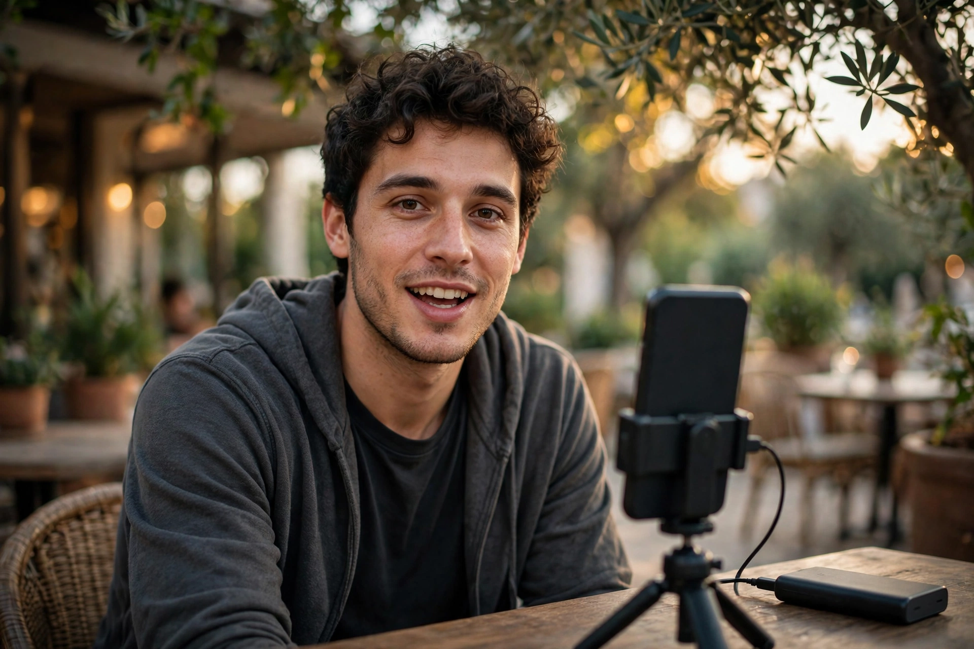 Best Phones for Vlogging in 2026 17 A vlogger recording a long take on a phone mounted on a mini tripod at an outdoor cafe table, with a power bank connected alongside for extended shooting