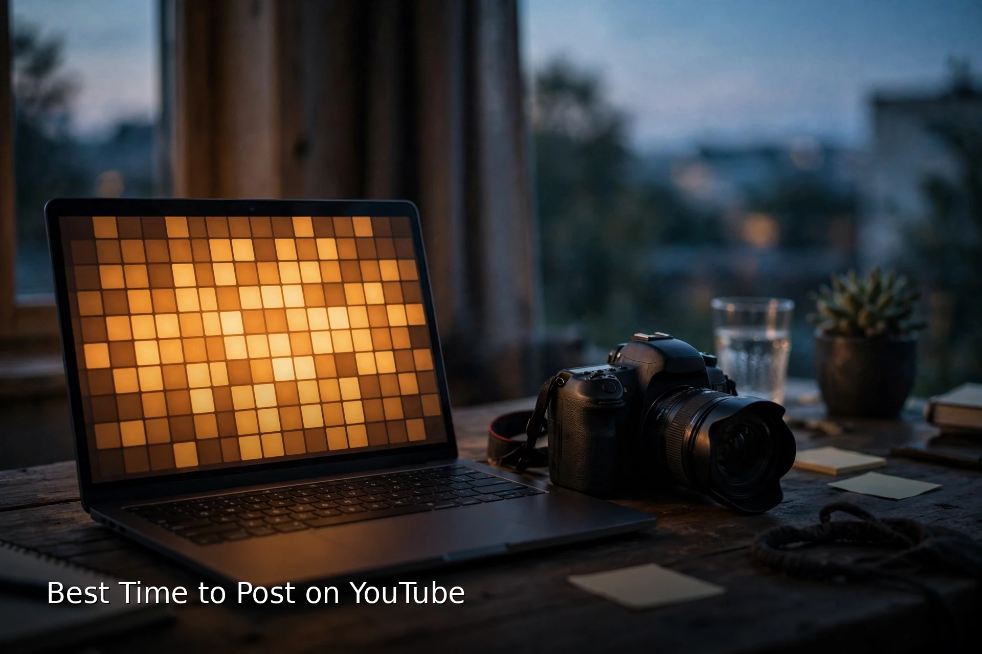 Best Time to Post on YouTube in 2026: How to Find Your Channel's Time 4 Cinematic desk at dusk with a laptop showing a grid of glowing warm squares beside a camera, with the title Best Time to Post on YouTube in white text at the bottom left