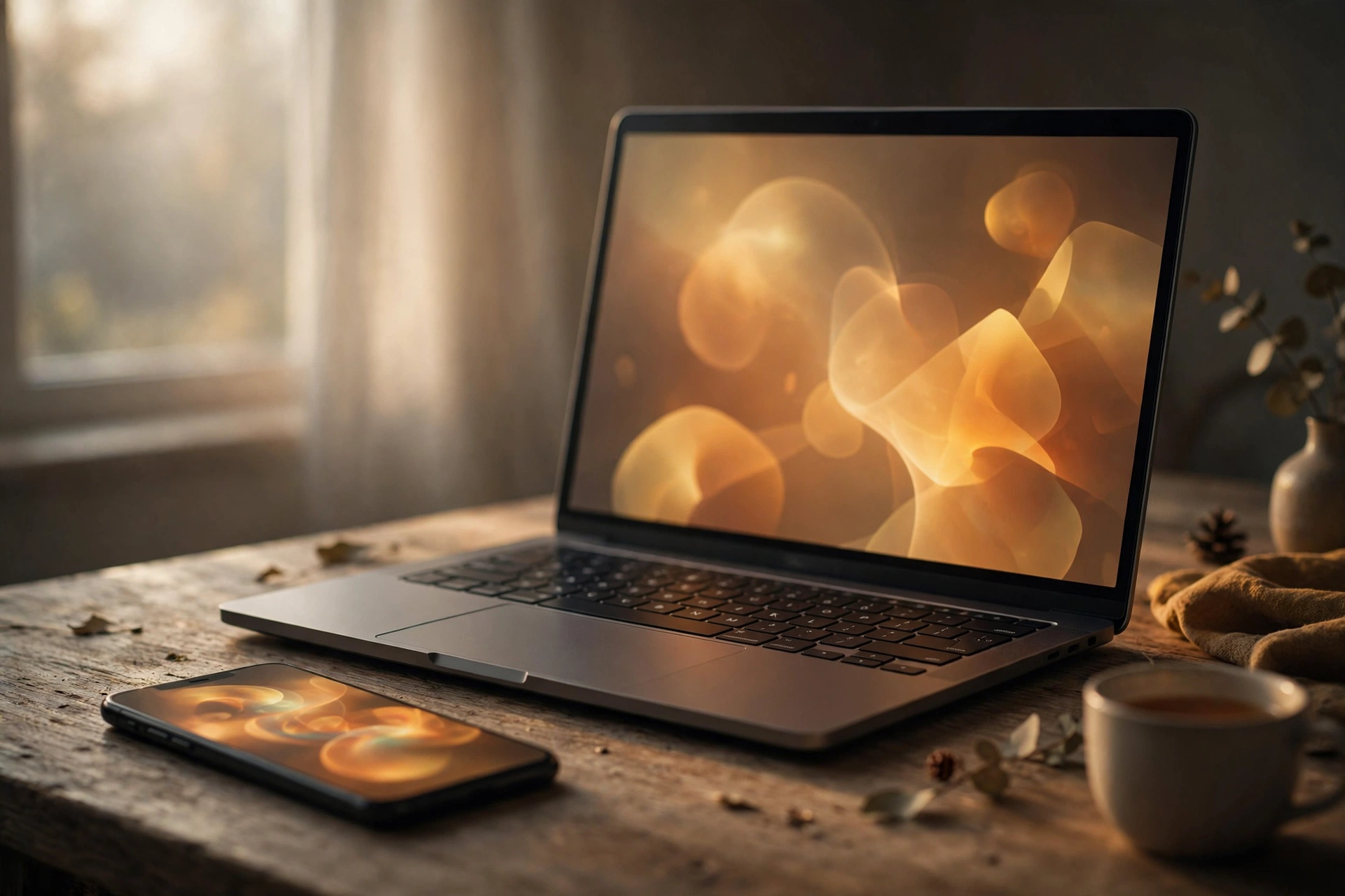 Best Time to Post on YouTube in 2026: How to Find Your Channel's Time 7 Phone lying beside a laptop on a wooden desk in morning light, both screens glowing with soft abstract shapes