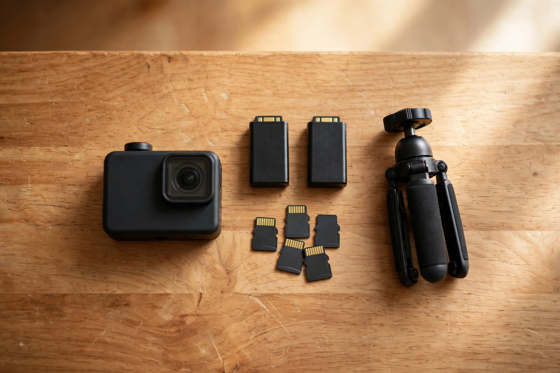 Best Vlogging Camera Under $300 in 2026 15 A budget vlogging camera kit on a desk: an action camera, two spare batteries, microSD memory cards and a mini tripod grip