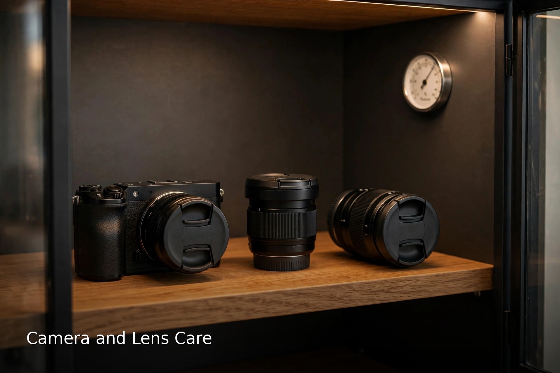 Cinematic shot of a mirrorless camera and capped lenses stored neatly in a glass front dry cabinet with a humidity gauge, for the article titled Camera and Lens Care: Cleaning, Storage, Humidity and Batteries (Pilot C banner)