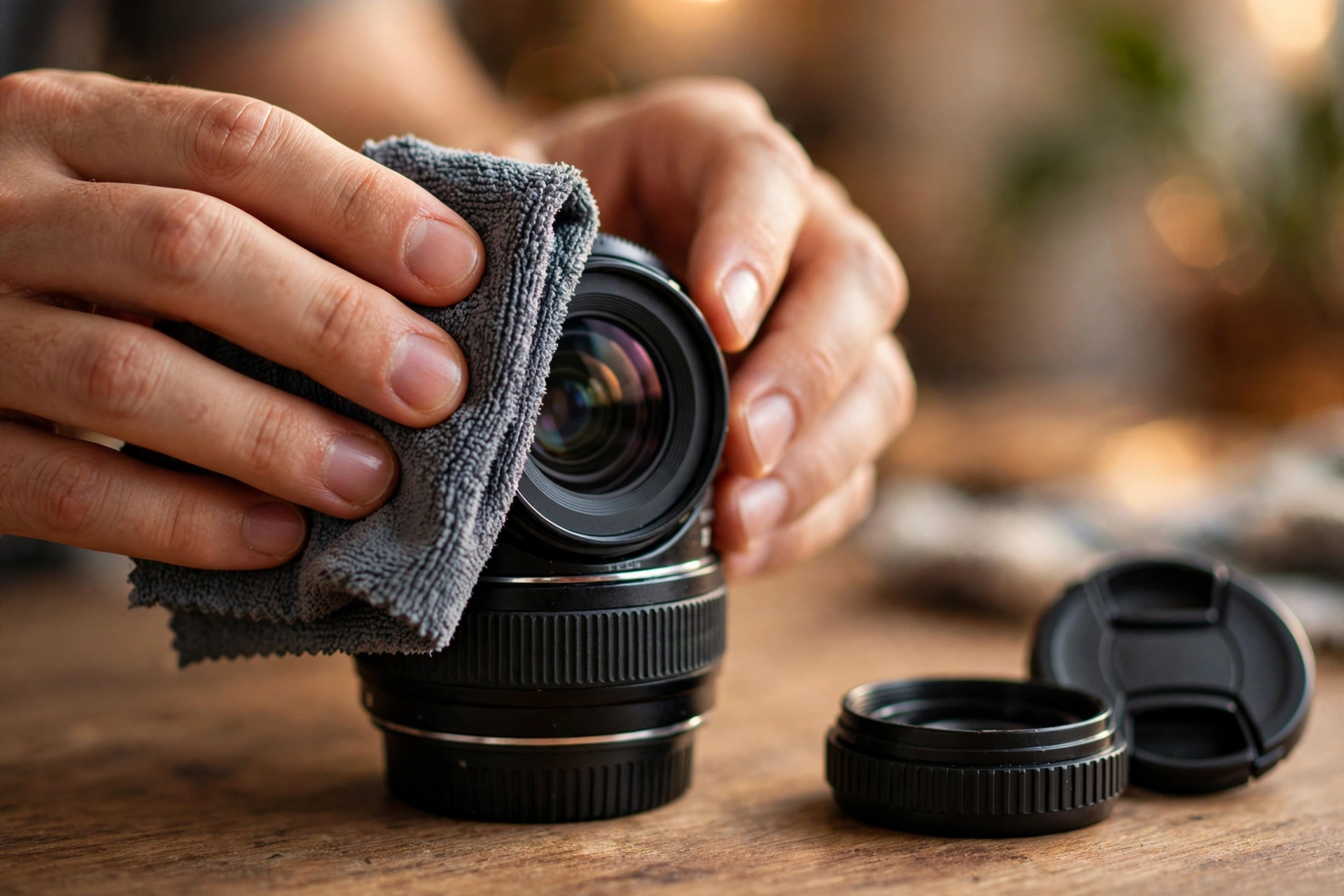 Hands wiping the front element of a camera lens with a folded microfiber cloth in a small circular motion, caps resting beside it