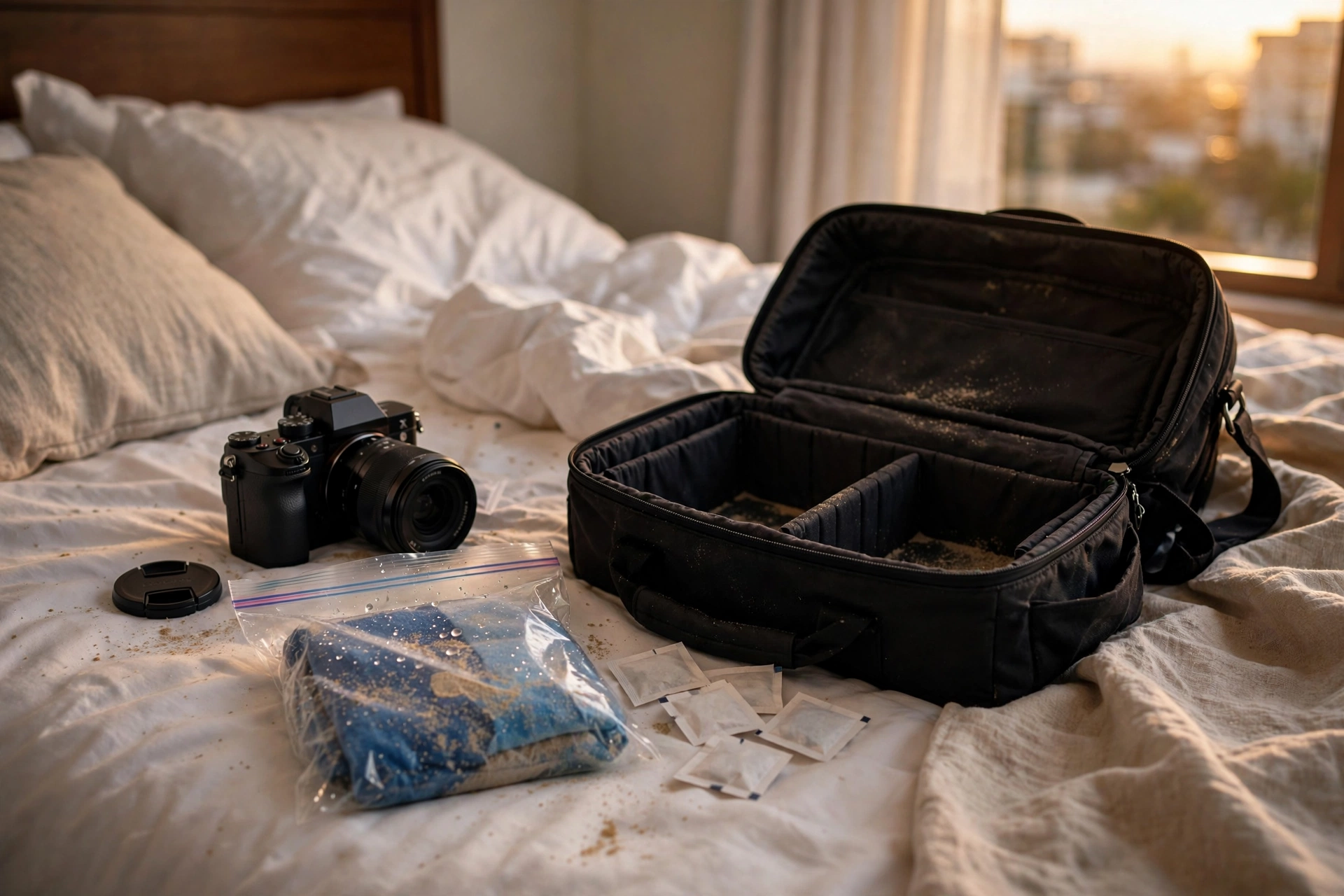 Open camera bag on a hotel bed with a camera, a sealed plastic bag and care basics laid out after a day of travel filming