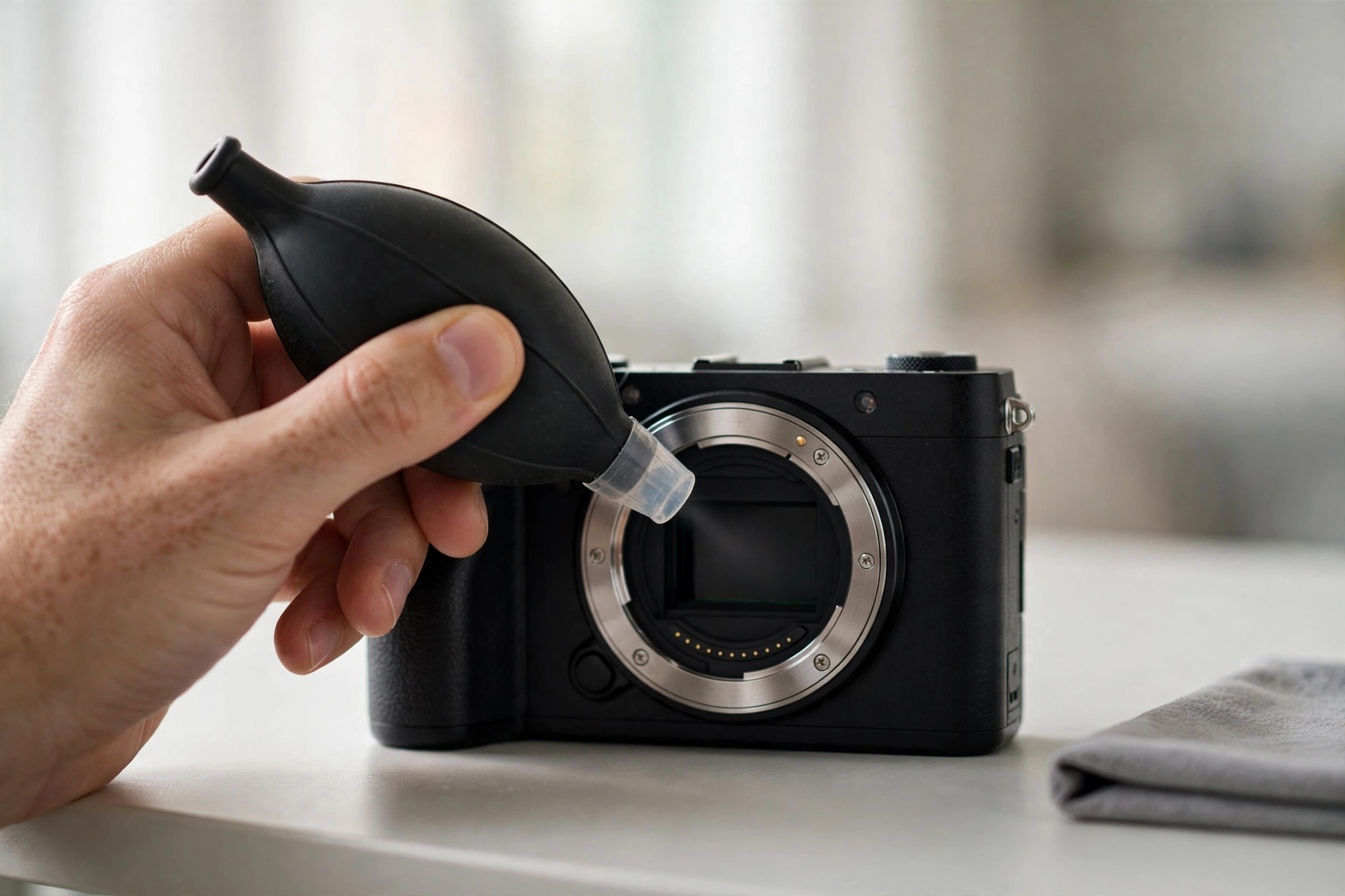 Hand using a rocket air blower to clean dust from the exposed sensor of a mirrorless camera with the lens removed