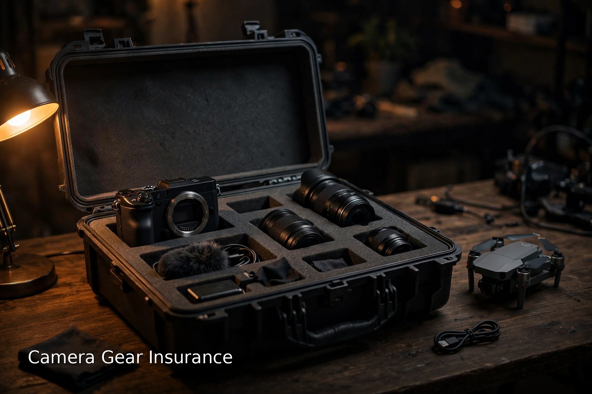 Open hard case holding a mirrorless camera, three lenses, a microphone with a furry windshield and a folded drone on a wooden desk under warm lamp light at night, with the title Camera Gear Insurance in white text at the bottom left