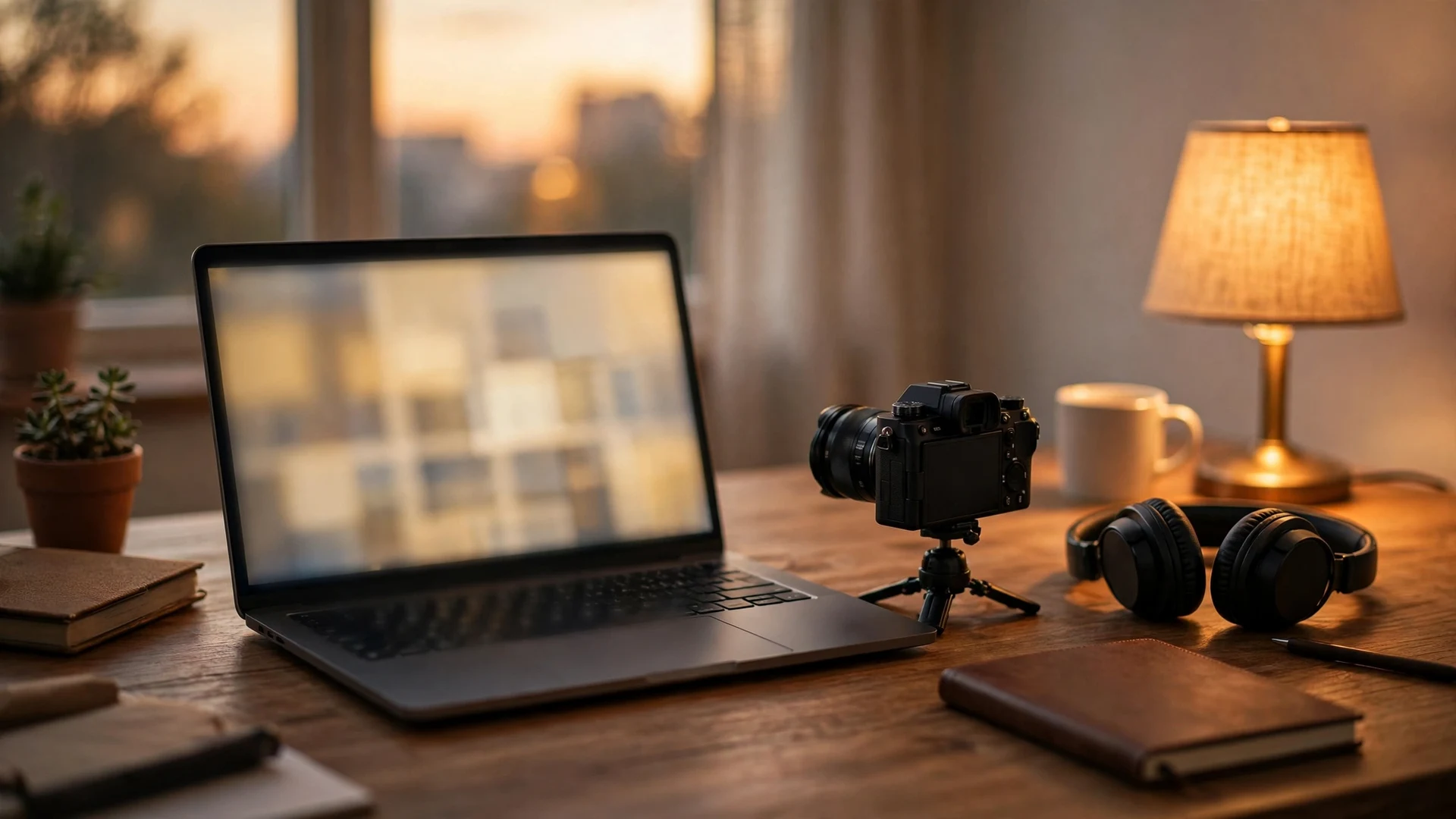 A creator's desk at dusk with a laptop showing a blurred grid, a camera on a mini tripod, headphones and a closed notebook under warm lamp light
