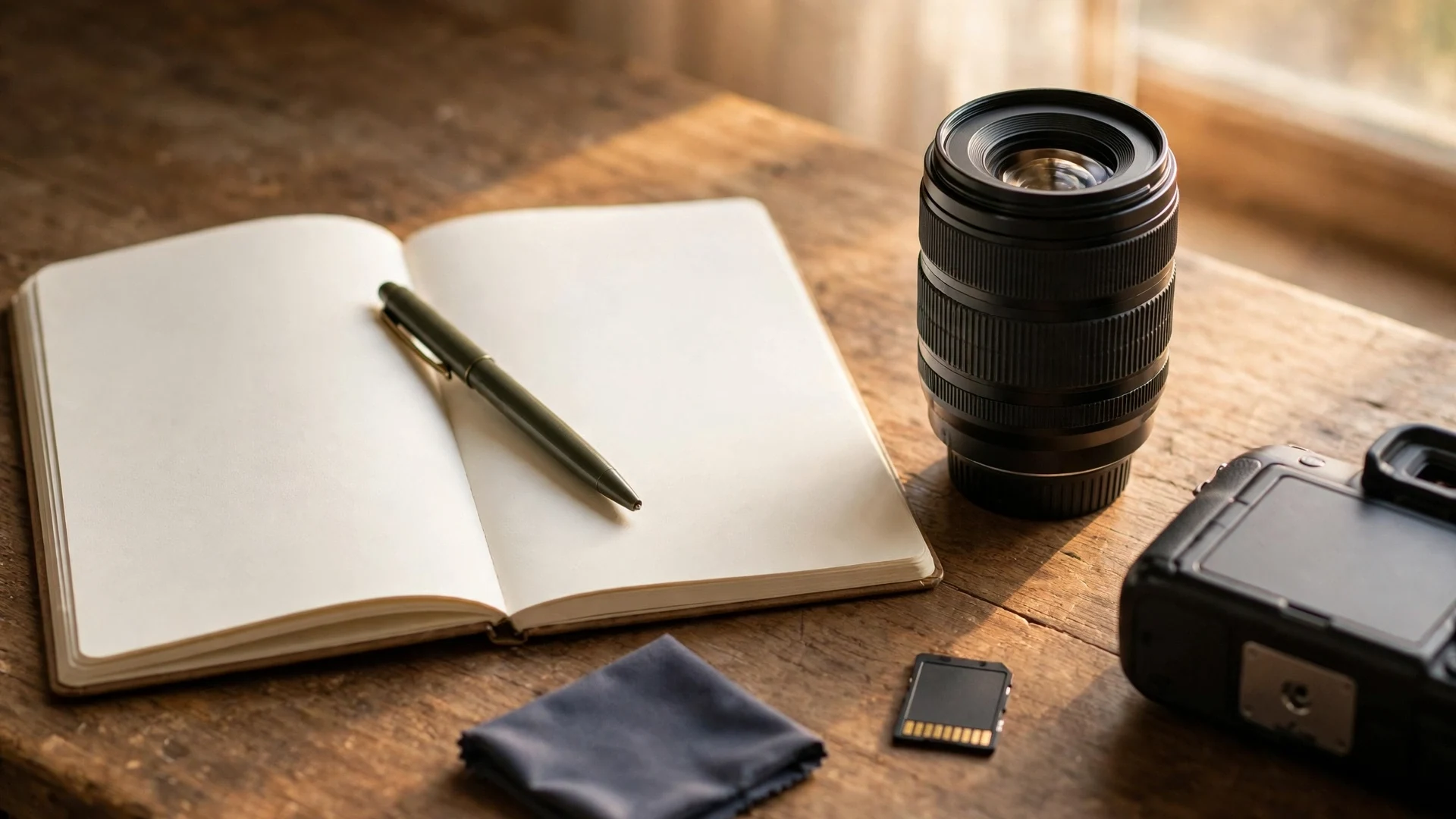An open blank notebook with a pen beside a camera lens, a memory card and a lens cloth on a wooden desk in warm window light