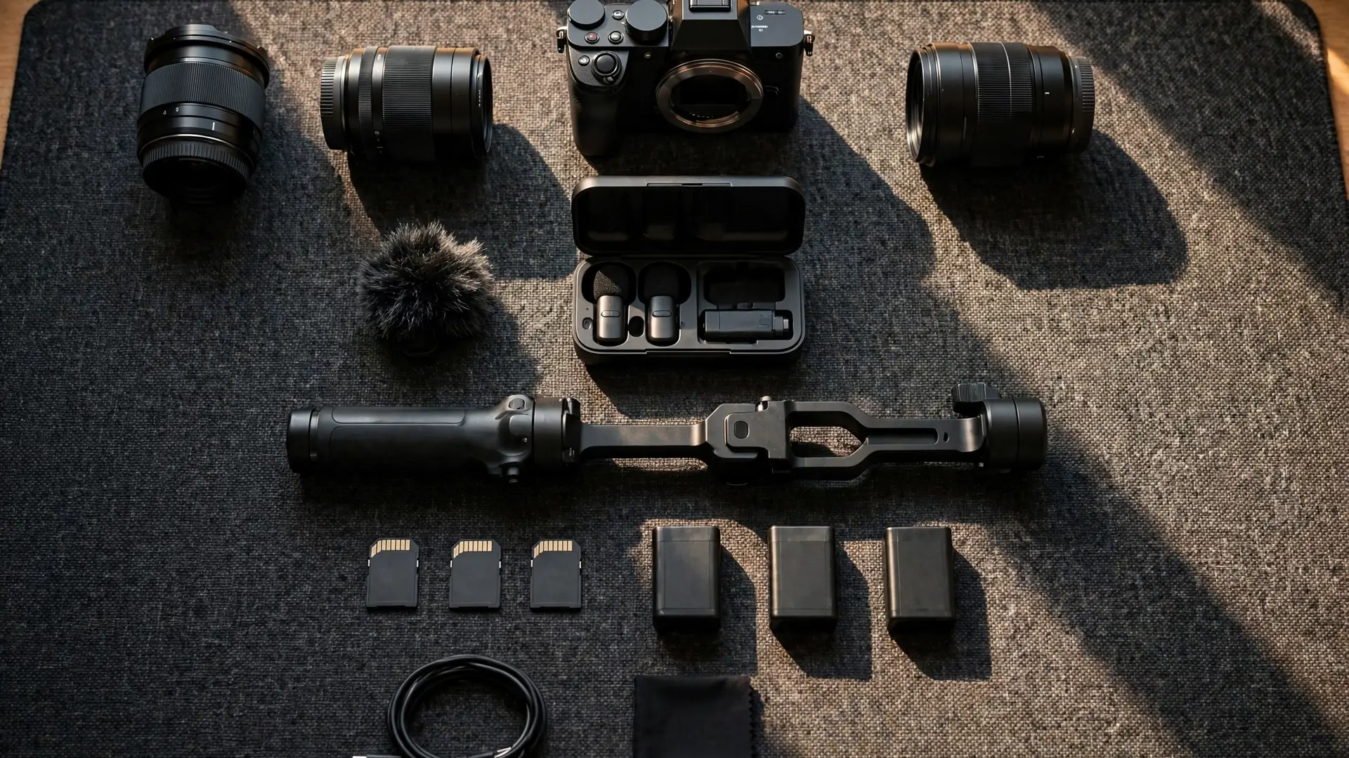 A vlogging kit laid out in neat rows on a dark desk mat in warm window light: a camera body, three lenses, a wireless microphone set in its case, a gimbal, memory cards and spare batteries