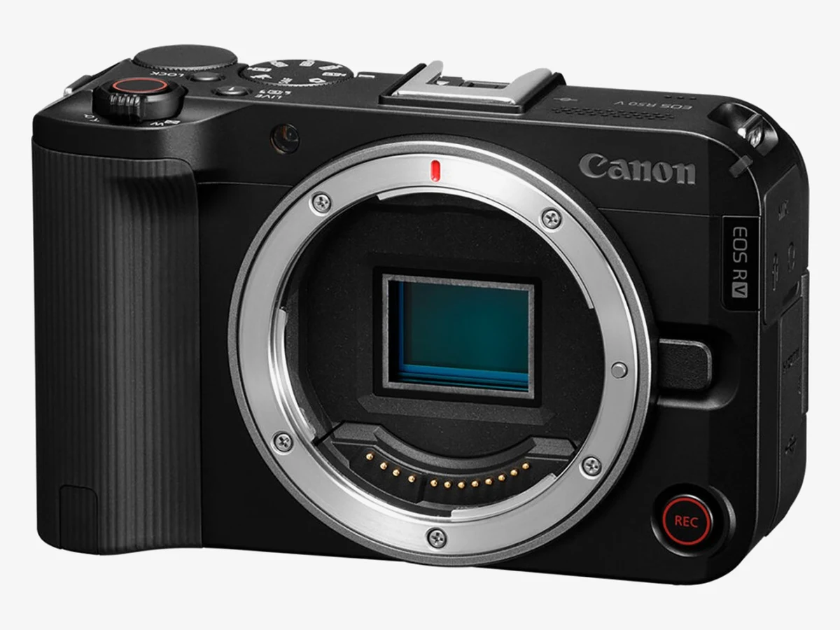 Canon EOS R50 V mirrorless camera with RF-S 14-30mm lens, front view