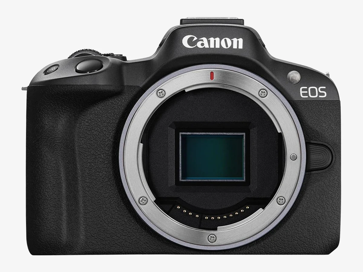 Canon EOS R50 mirrorless camera with kit lens, front view