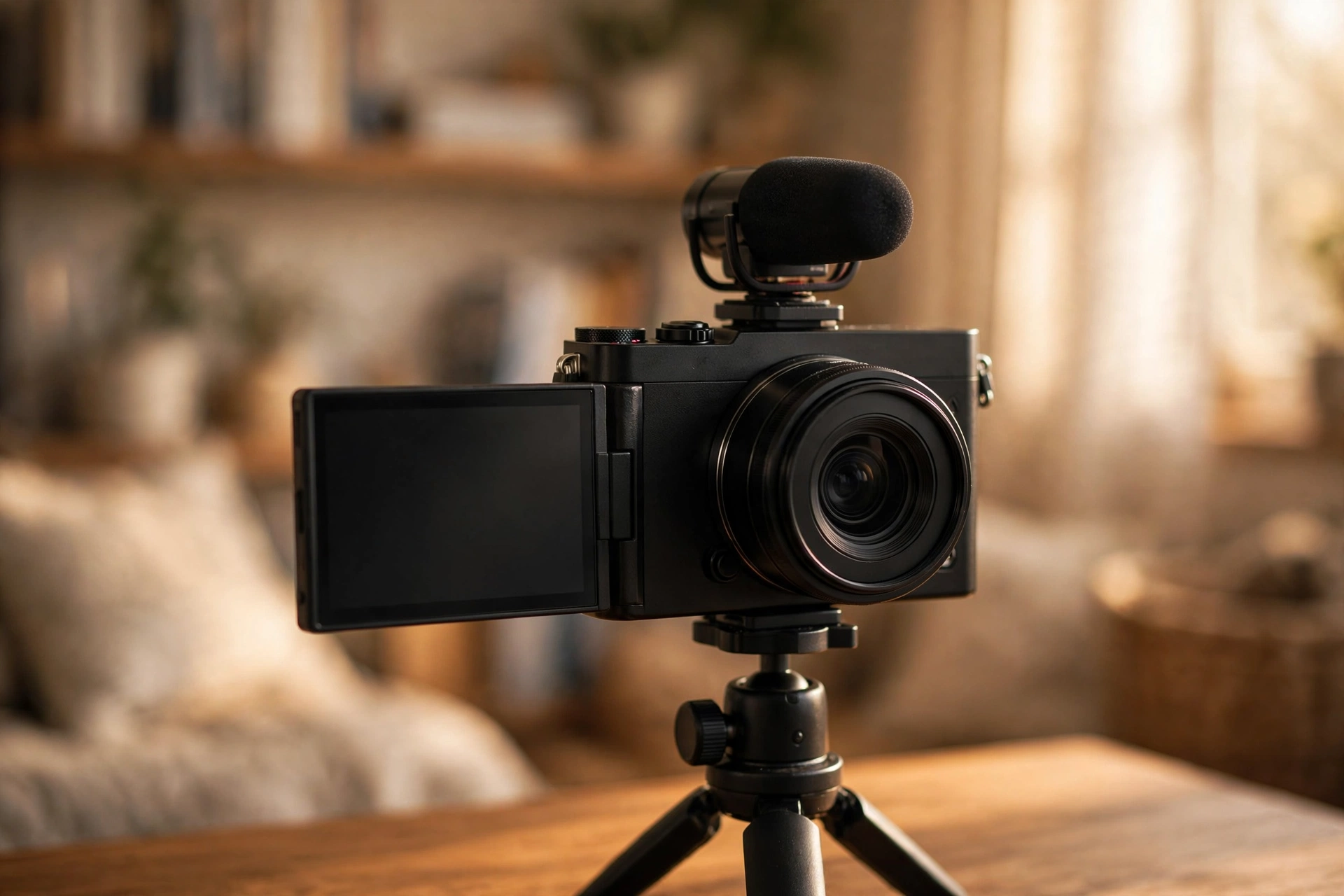 A mirrorless camera on a tabletop tripod with its flip screen turned forward and a shotgun microphone mounted on top, in a home studio