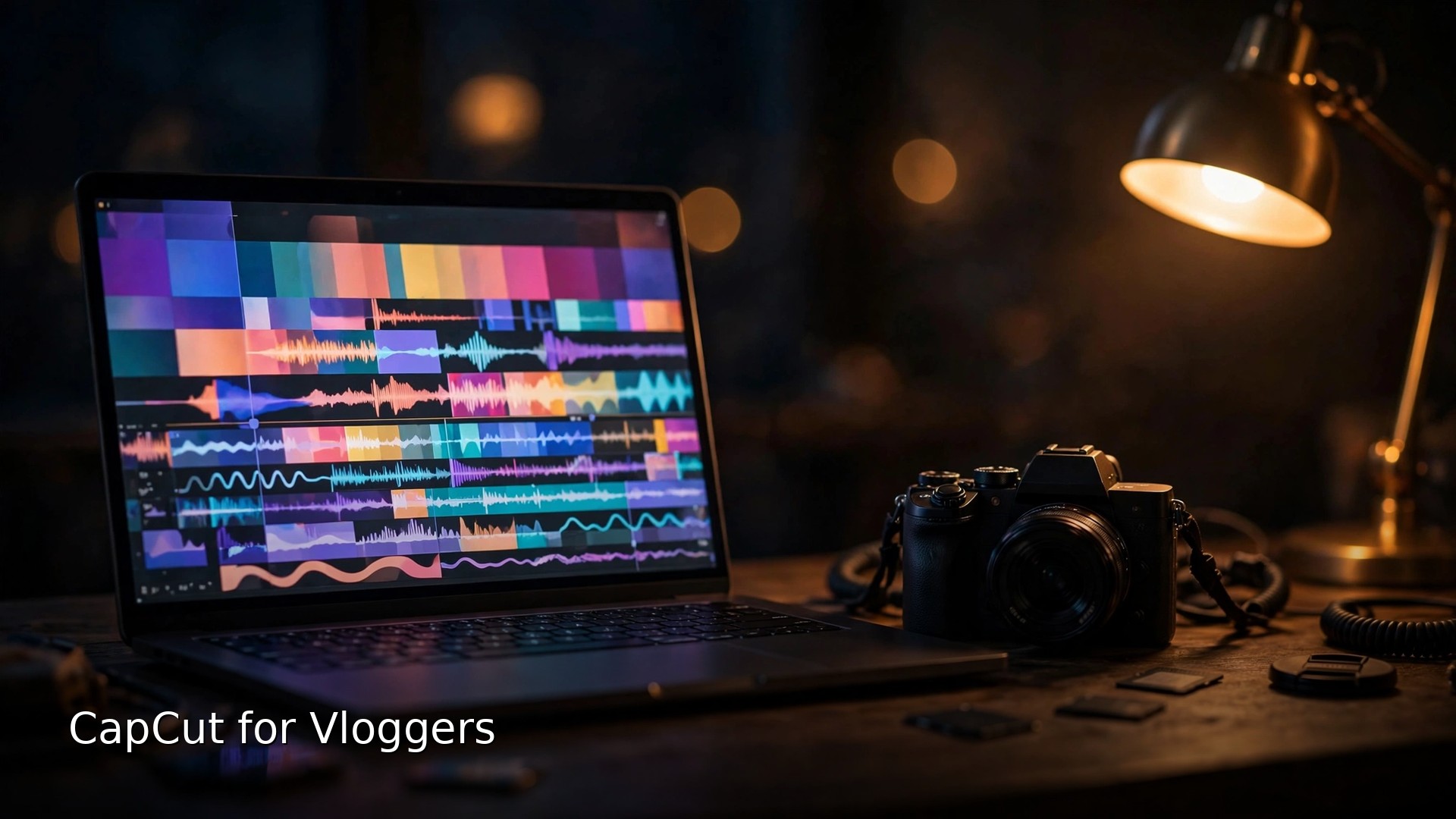 Cinematic editing desk at night with a laptop showing a colourful editing timeline and a mirrorless camera beside it under warm lamp light, with the short title CapCut for Vloggers in white text at the bottom left