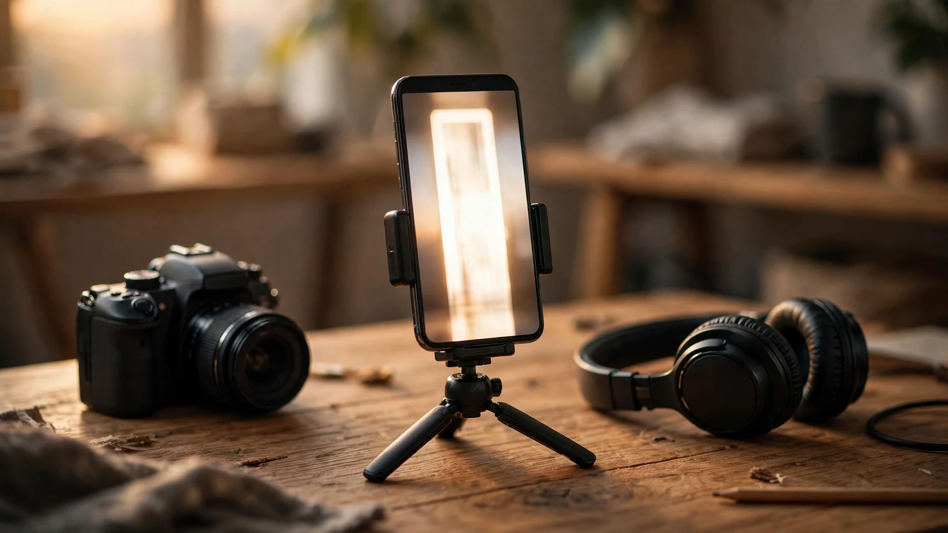 Smartphone on a small tripod on a wooden desk with a camera and headphones beside it in warm light