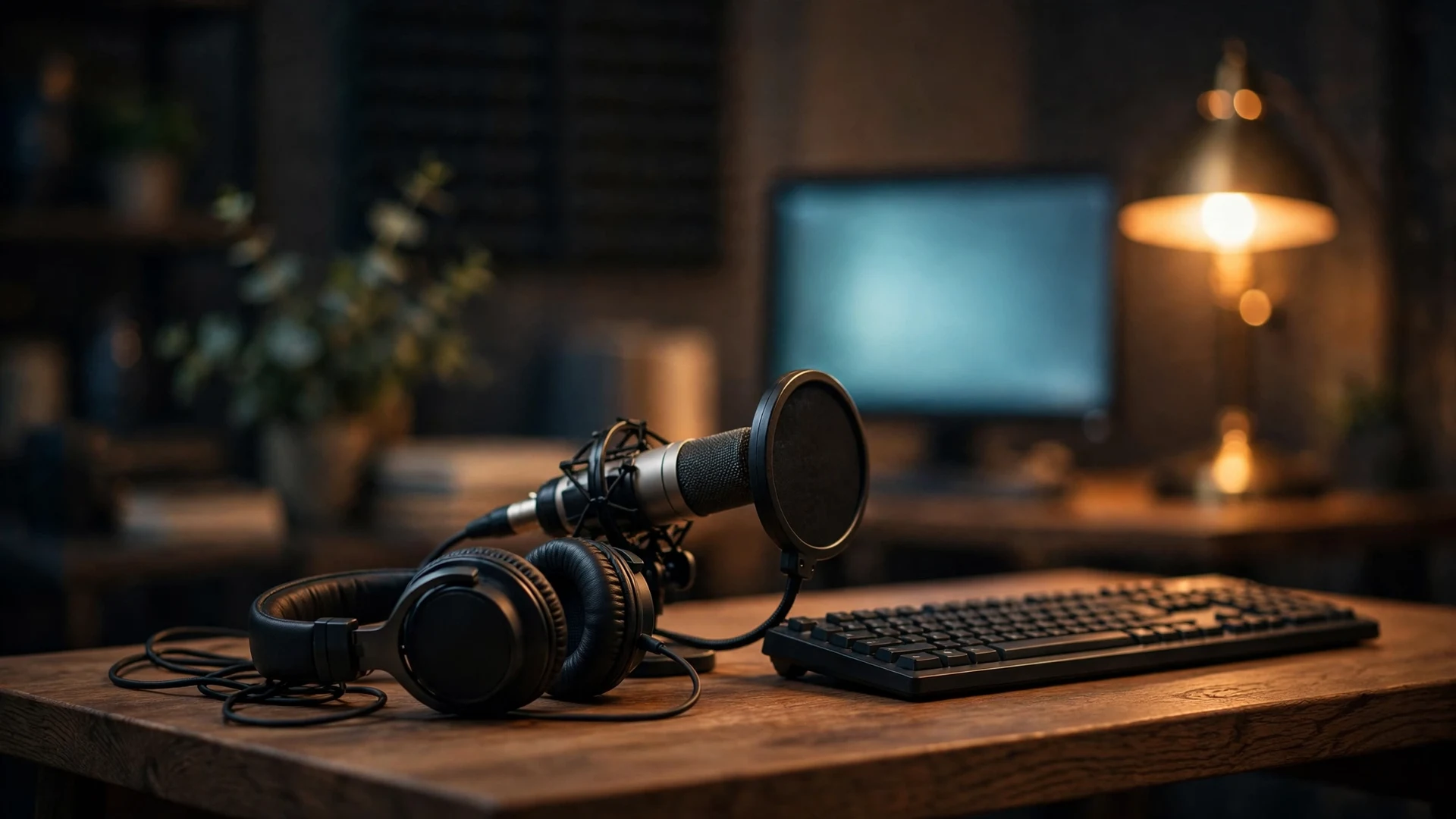 Headphones and a studio microphone beside a keyboard on a wooden desk in a warmly lit editing corner