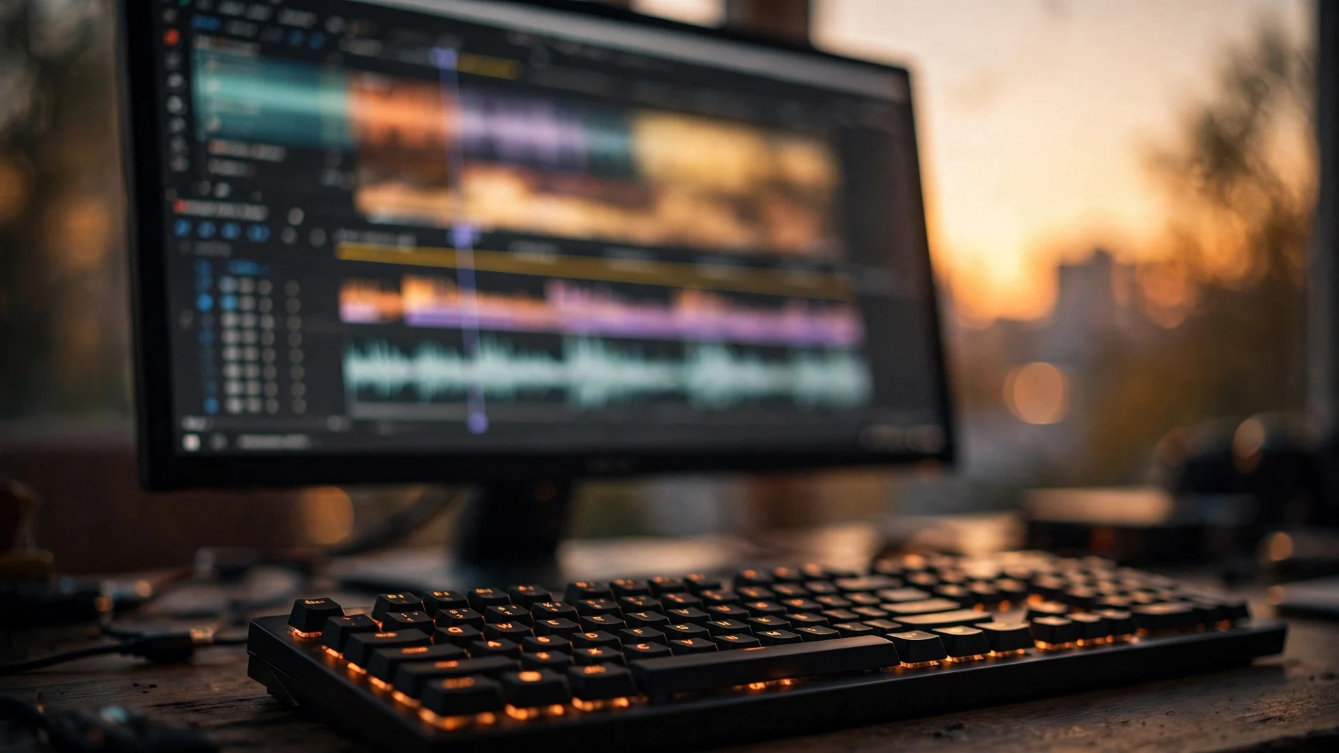 Close view of a monitor showing a blurred editing timeline and audio waveform behind a backlit keyboard in warm sunset light