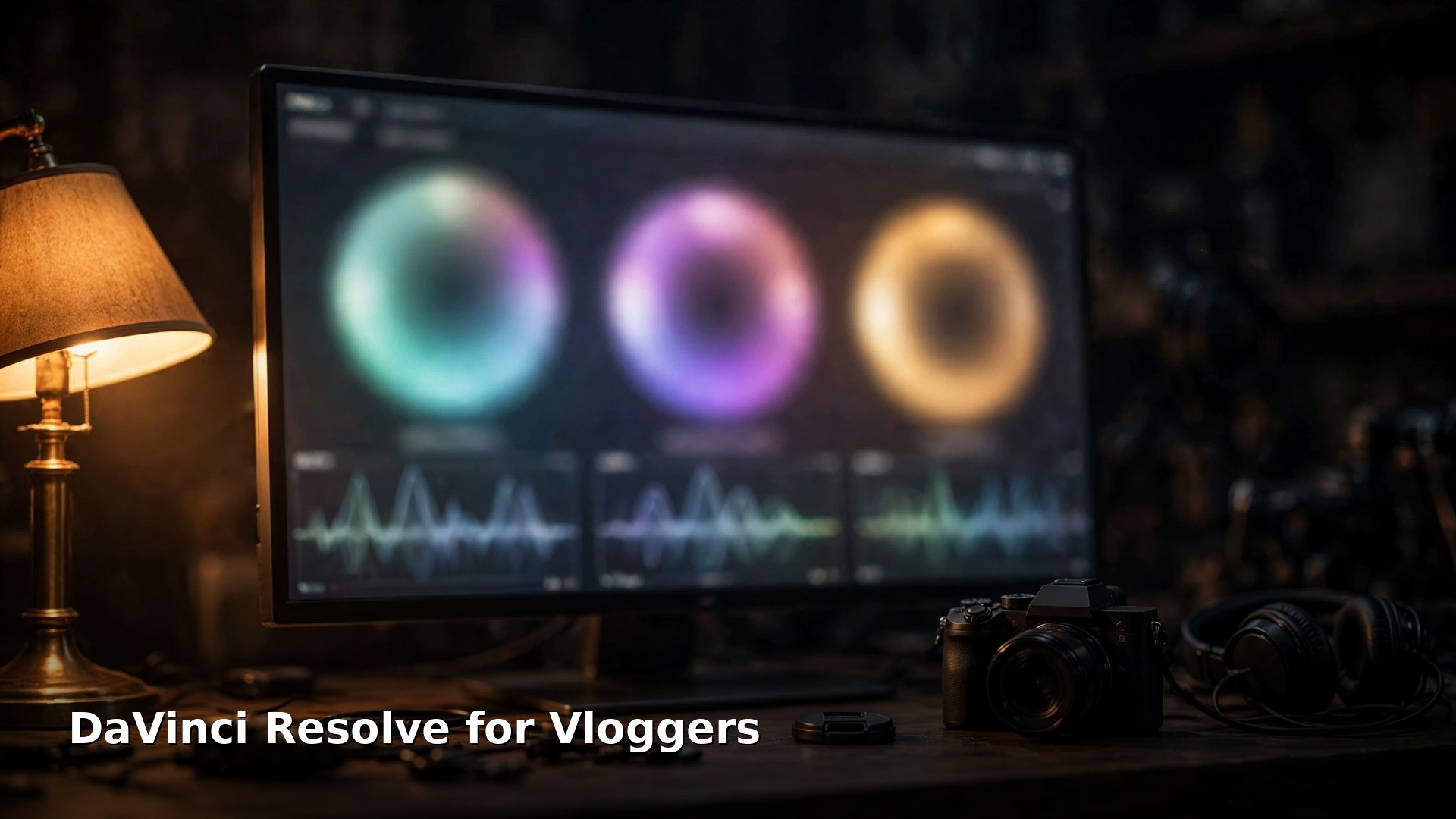 DaVinci Resolve for Vloggers: A Beginner's First-Video Walkthrough in 2026 4 Color grading desk at night with a widescreen monitor showing three color wheels and scopes, a camera and headphones on the desk beside it under warm lamp light, with the short title DaVinci Resolve for Vloggers in white text at the bottom left.