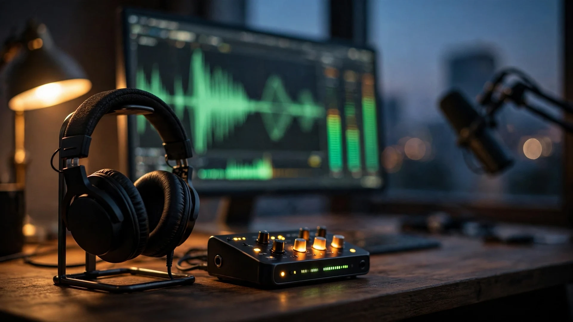 DaVinci Resolve for Vloggers: A Beginner's First-Video Walkthrough in 2026 7 Headphones on a stand beside an audio interface with glowing knobs, in front of a monitor showing a large green audio waveform at dusk