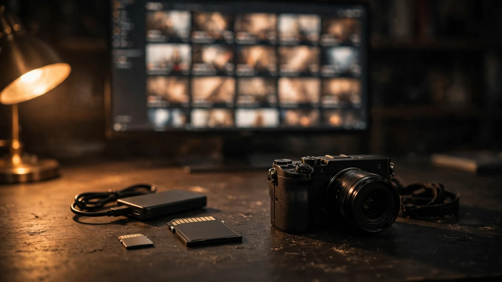 DaVinci Resolve for Vloggers: A Beginner's First-Video Walkthrough in 2026 5 Memory cards and a portable SSD beside a camera on a desk, with a monitor showing a grid of video clips behind them in warm lamplight