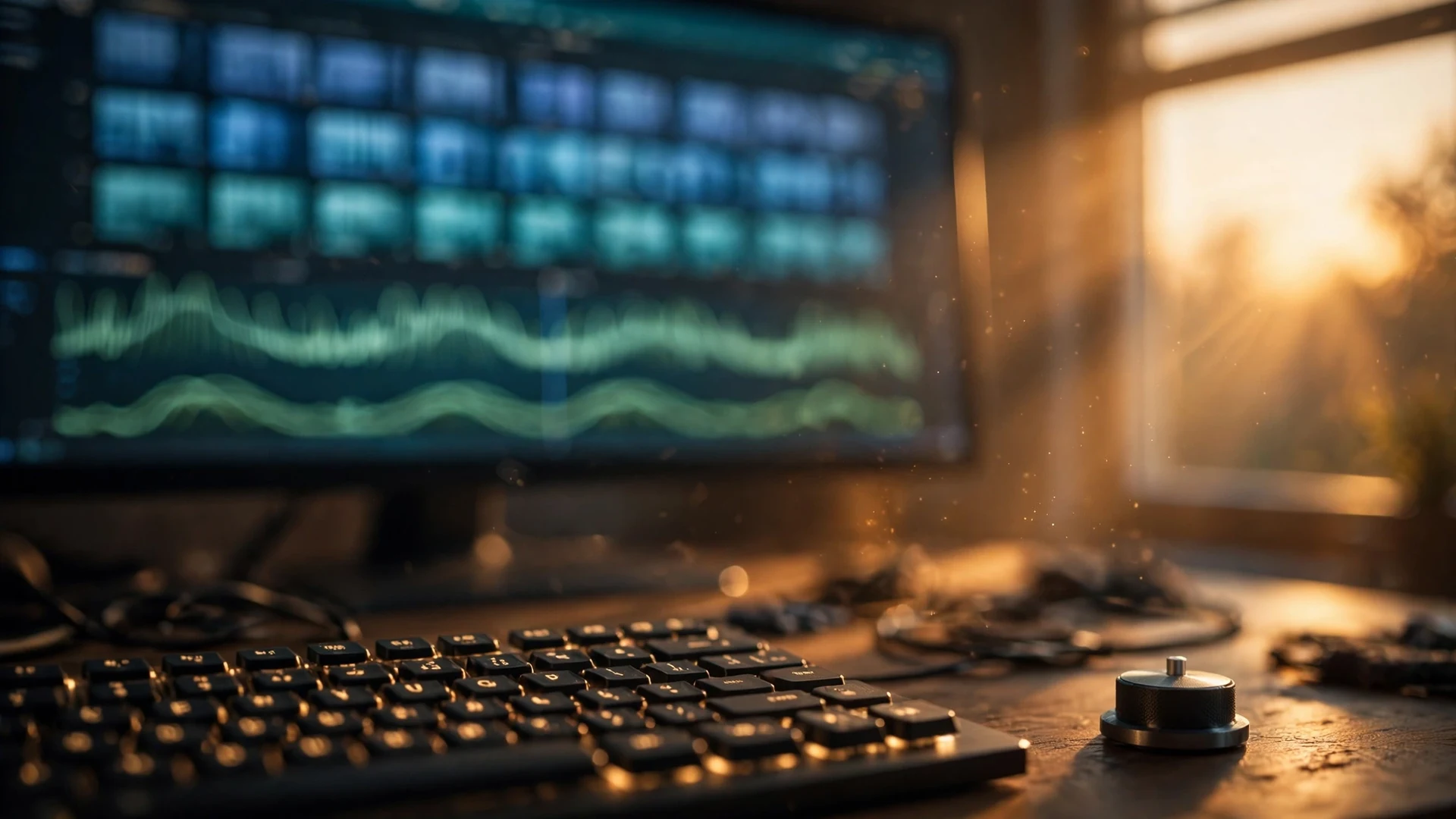 DaVinci Resolve for Vloggers: A Beginner's First-Video Walkthrough in 2026 6 Close view of a monitor showing a stacked editing timeline and audio waveforms behind a backlit keyboard and control dial in warm evening light