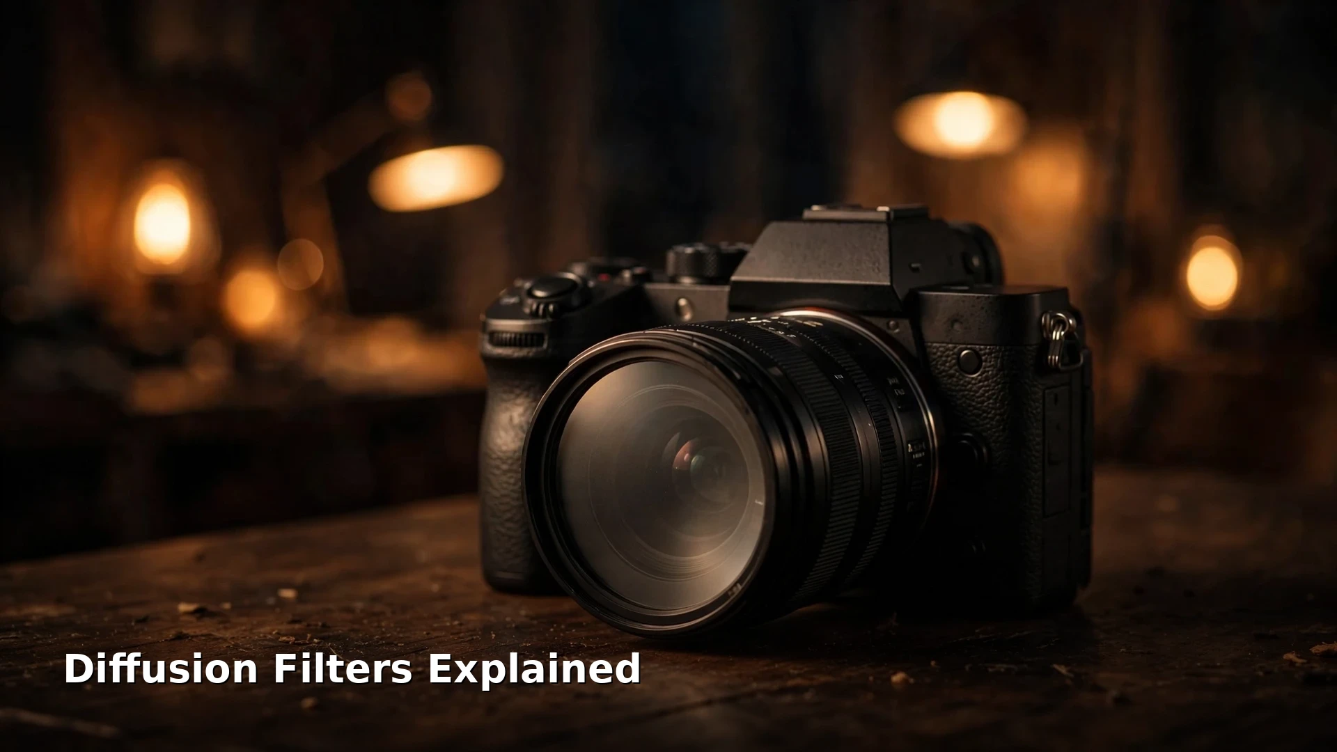 Diffusion Filters Explained: Black Pro-Mist, Glimmerglass and CineBloom in 2026 4 Camera with a diffusion filter fitted to its lens on a wooden desk at night, warm lamps glowing softly behind it, with the title Diffusion Filters Explained in white text at the bottom left