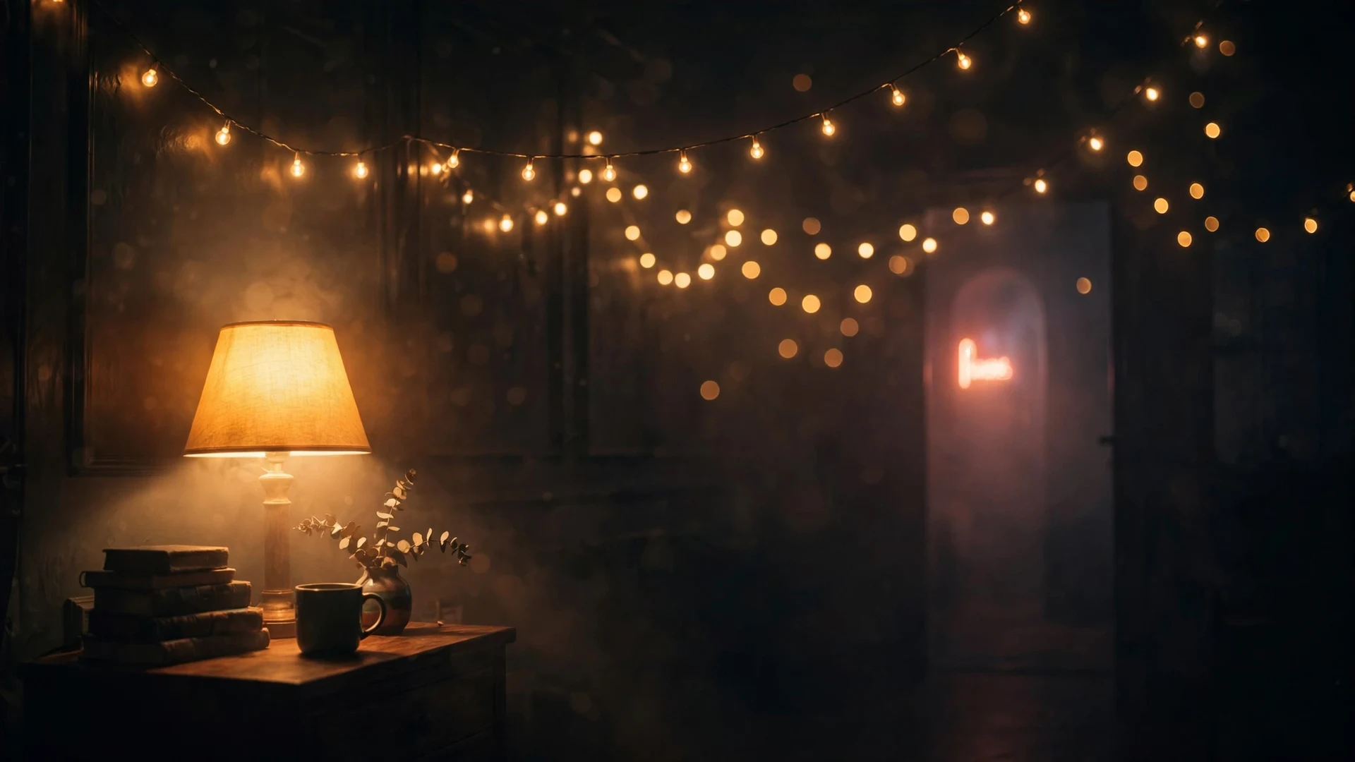 Diffusion Filters Explained: Black Pro-Mist, Glimmerglass and CineBloom in 2026 6 Dim room lit by a table lamp and strings of small warm bulbs, the lamp wrapped in a soft bloomed halo