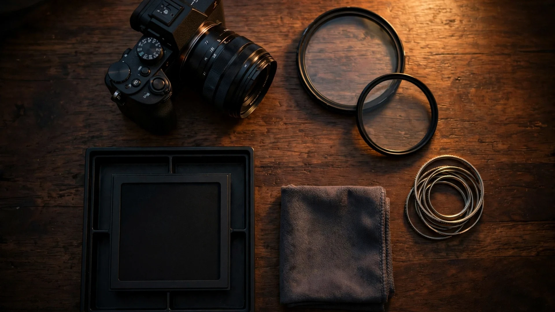 Diffusion Filters Explained: Black Pro-Mist, Glimmerglass and CineBloom in 2026 7 Top down view of a camera, two round lens filters, a square matte box filter in its tray, a stack of step-up rings and a folded microfiber cloth on a dark wooden desk in warm light