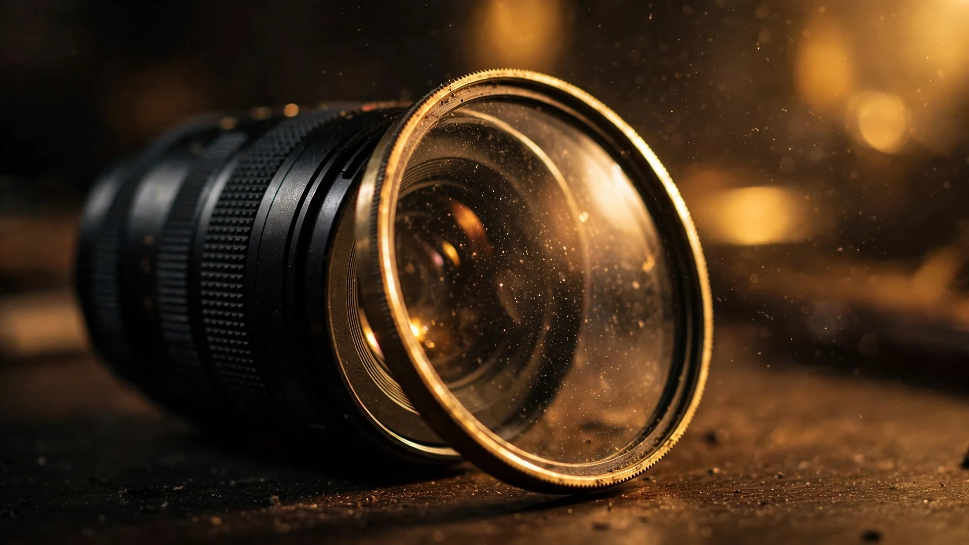 Diffusion Filters Explained: Black Pro-Mist, Glimmerglass and CineBloom in 2026 5 Close up of a camera lens on a dark desk with a round diffusion filter leaning against the front element, fine particles visible in the glass under warm light