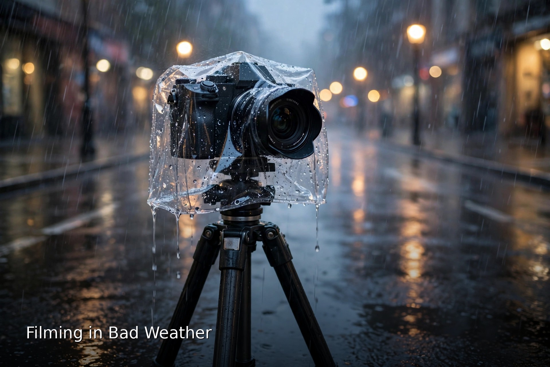 Filming in Bad Weather: Rain, Cold, Heat, Sand and Condensation 4 Mirrorless camera inside a clear rain cover mounted on a tripod on a wet city street at dusk, warm street lights reflecting on the wet pavement