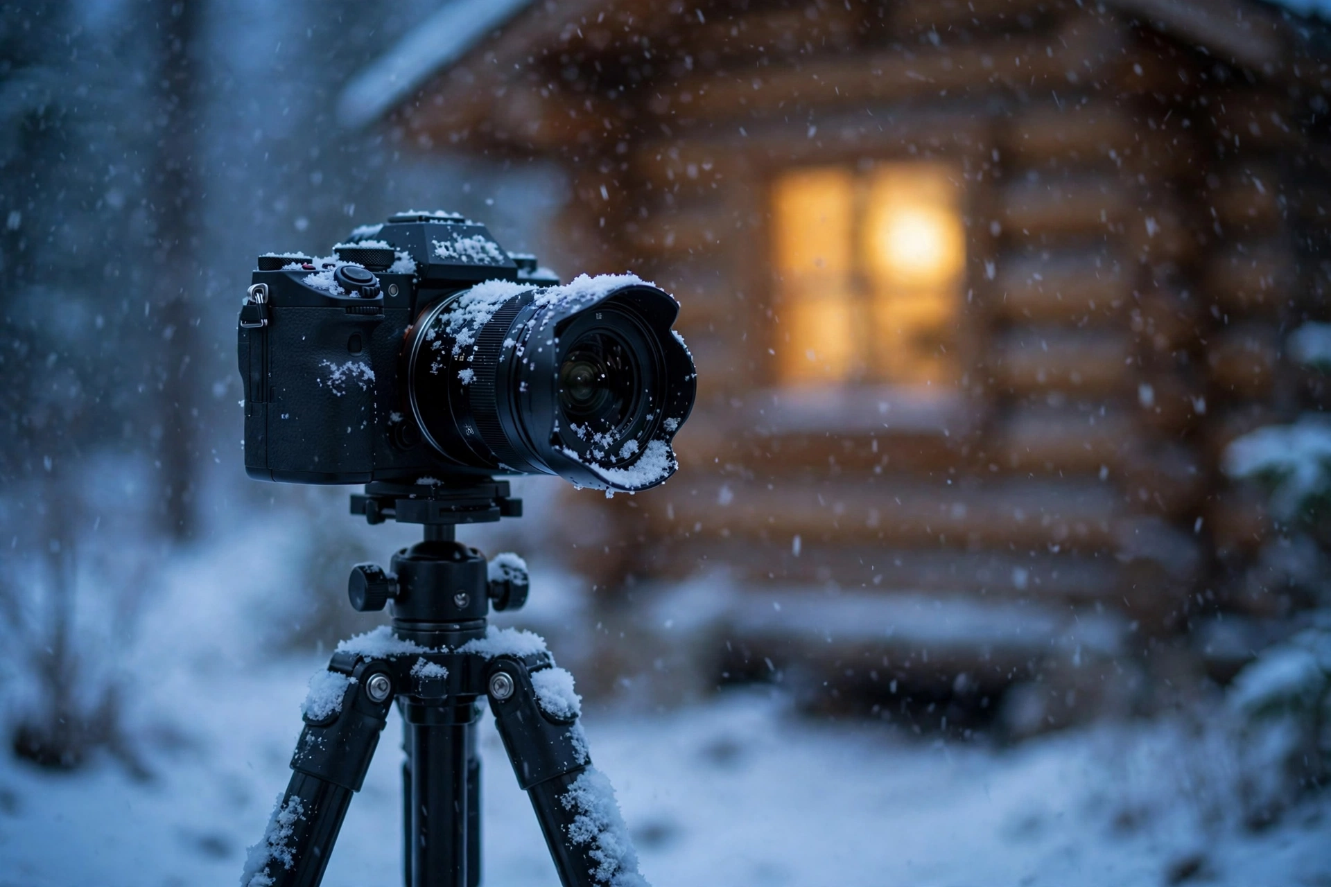 Filming in Bad Weather: Rain, Cold, Heat, Sand and Condensation 6 Mirrorless camera on a tripod in falling snow outside a log cabin, snow settling on the camera and tripod, warm light glowing in the cabin window