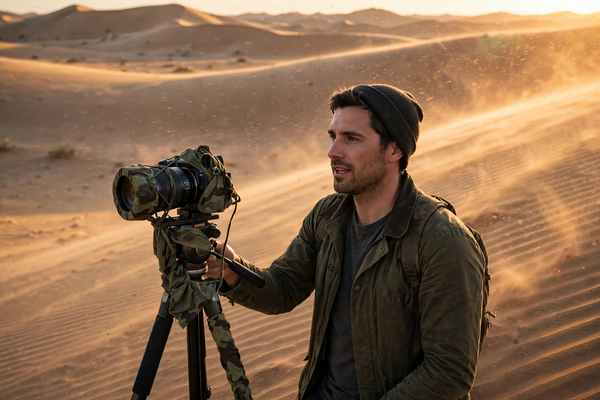 Filming in Bad Weather: Rain, Cold, Heat, Sand and Condensation 7 Vlogger beside a camera on a tripod wrapped in a protective cover among desert dunes, sand blowing across the frame in golden evening light