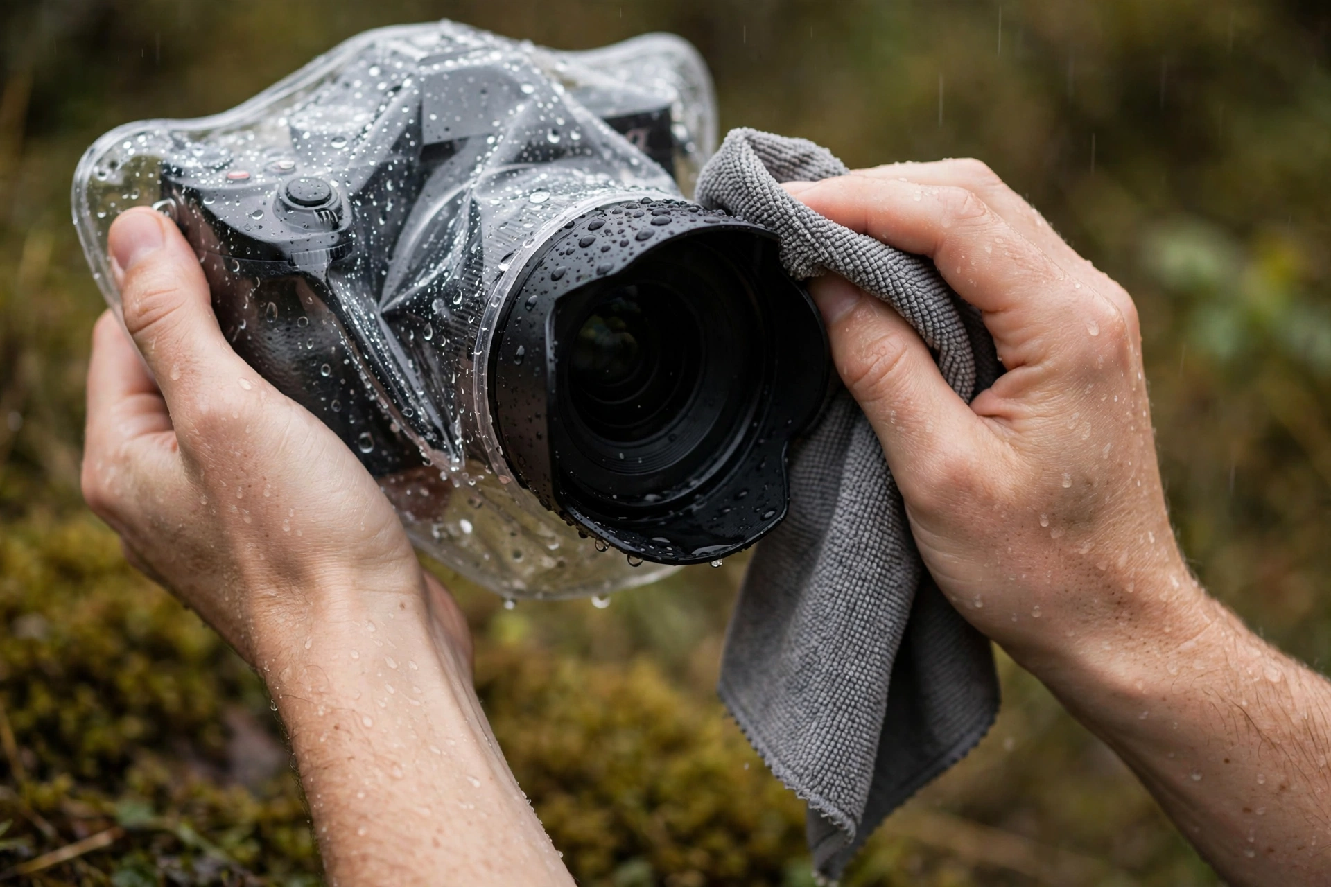 Filming in Bad Weather: Rain, Cold, Heat, Sand and Condensation 5 Two hands wiping raindrops off a camera lens with a grey microfiber cloth, the camera wrapped in a clear plastic rain cover