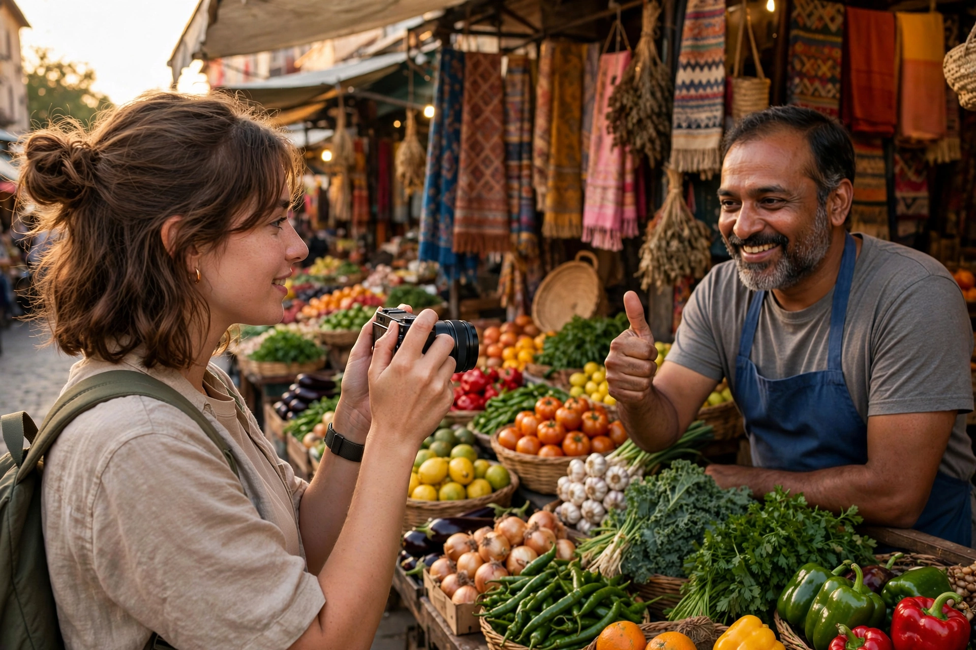 Filming People, Places and Property Legally: Permission, Releases and Permits 6 A vlogger holding a camera at chest height while a market stall holder smiles and gives a thumbs up to being filmed, colorful stalls behind them in warm light