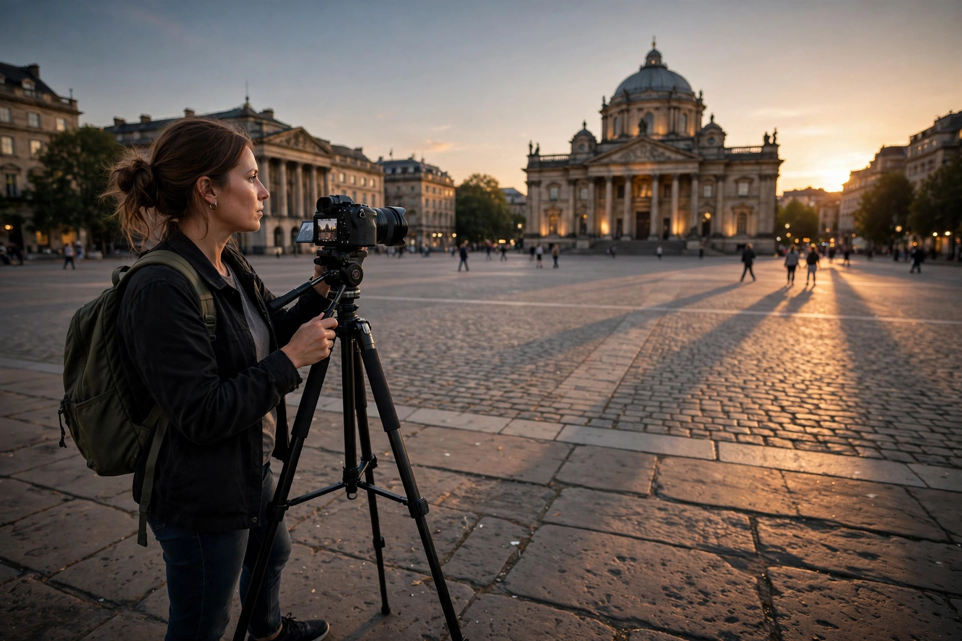 Filming People, Places and Property Legally: Permission, Releases and Permits 7 A vlogger filming with a camera on a tripod on a wide city plaza at dusk, shooting an architectural landmark from a respectful distance in warm evening light