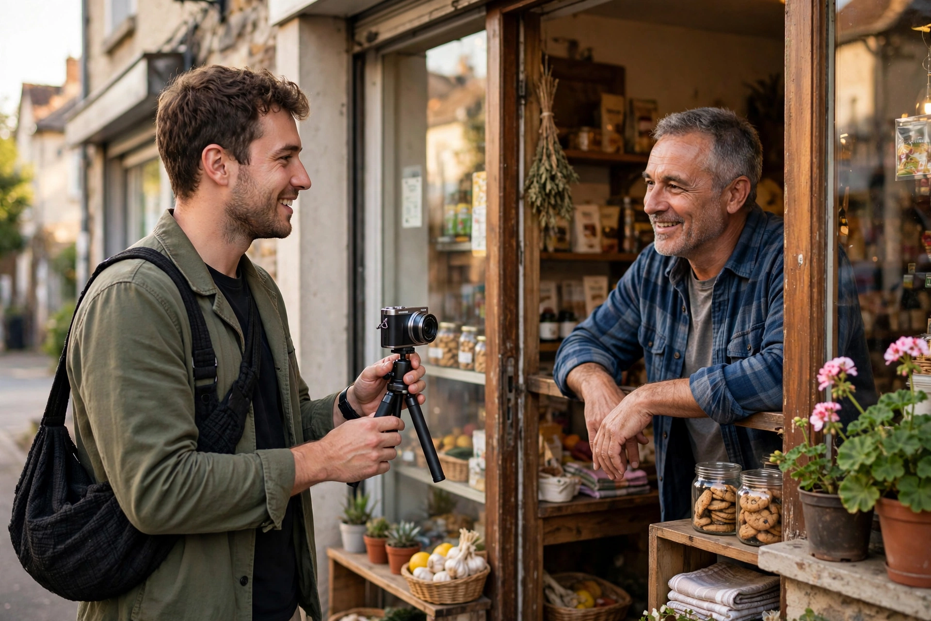 Filming People, Places and Property Legally: Permission, Releases and Permits 5 A vlogger holding a small camera on a mini tripod chats with a smiling shopkeeper at the open door of a small neighborhood store in warm afternoon light