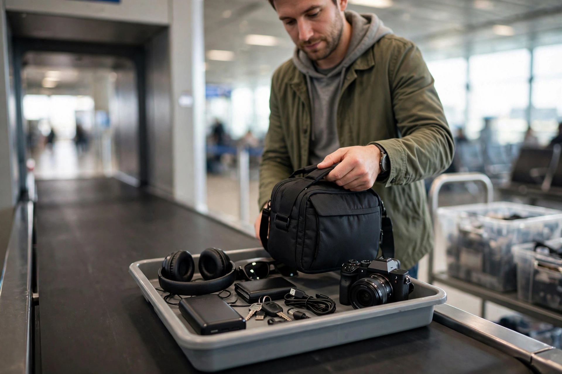Traveler at an airport security checkpoint placing a camera bag and a tray of electronics on the conveyor belt