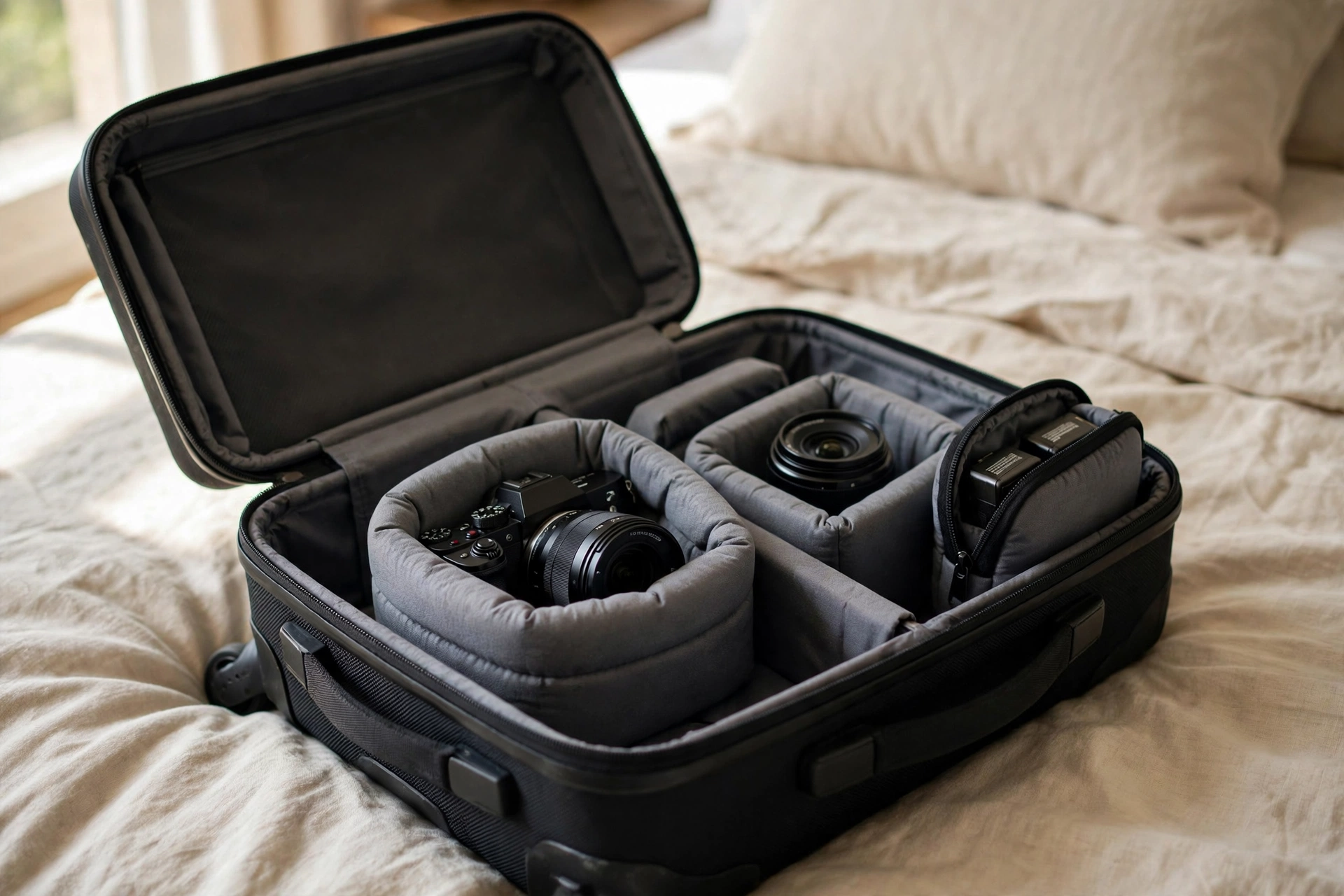 Mirrorless camera nestled in a padded protective wrap inside an open cabin bag on a bed, with a lens in its own padded cell and batteries in a pouch