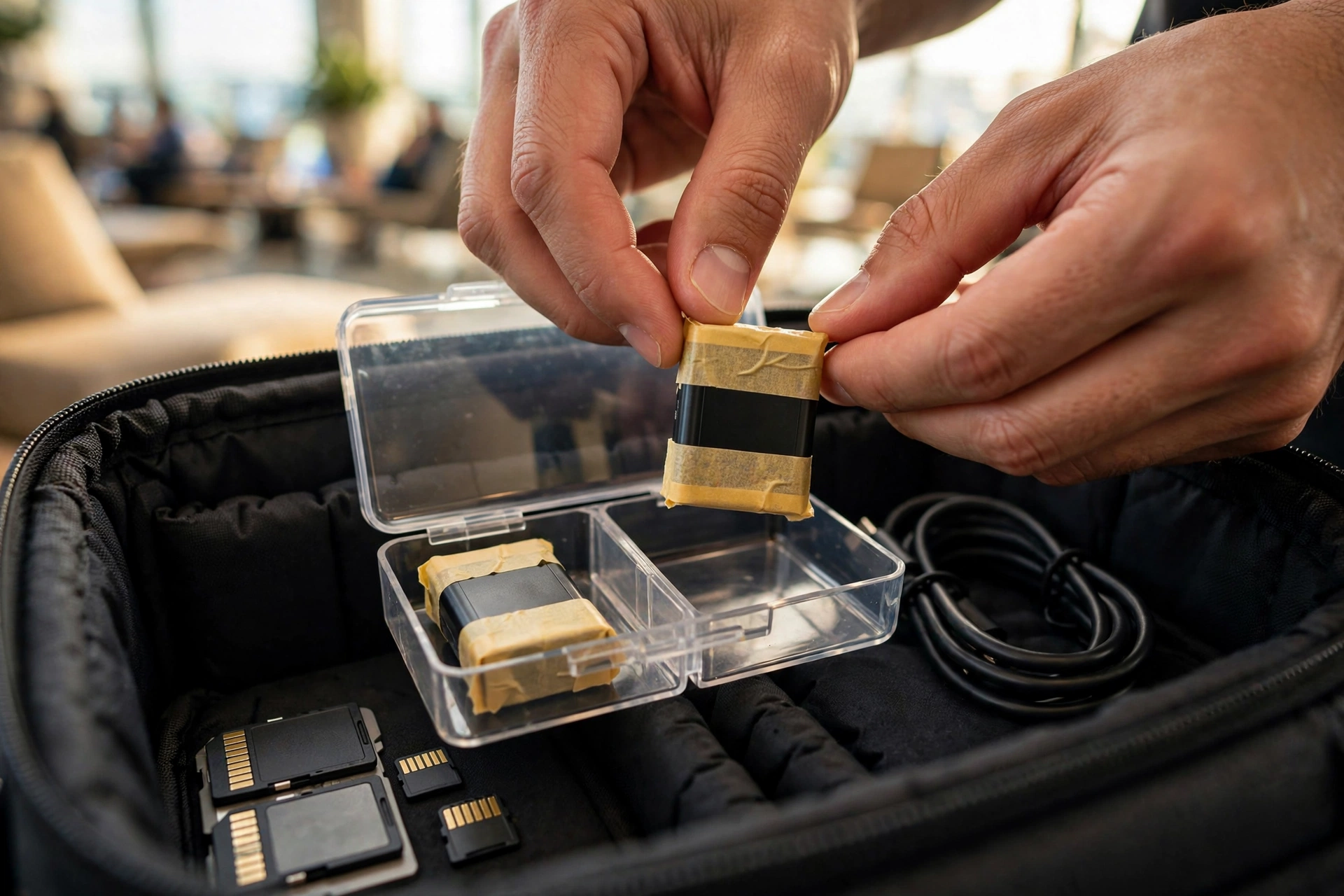 Hands placing camera batteries with taped terminals into a clear protective case inside an open carry-on camera bag
