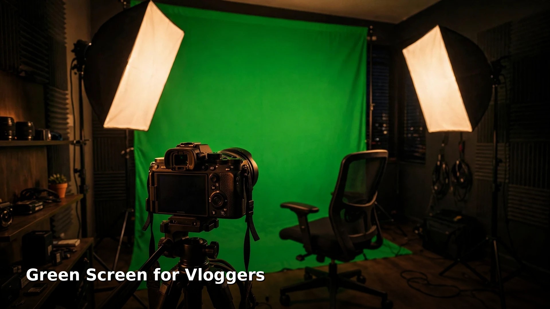 Home vlogging studio with a green screen backdrop lit by two softbox lights, a camera on a tripod in the foreground and an empty chair facing the screen, with the short title Green Screen for Vloggers at the bottom left.