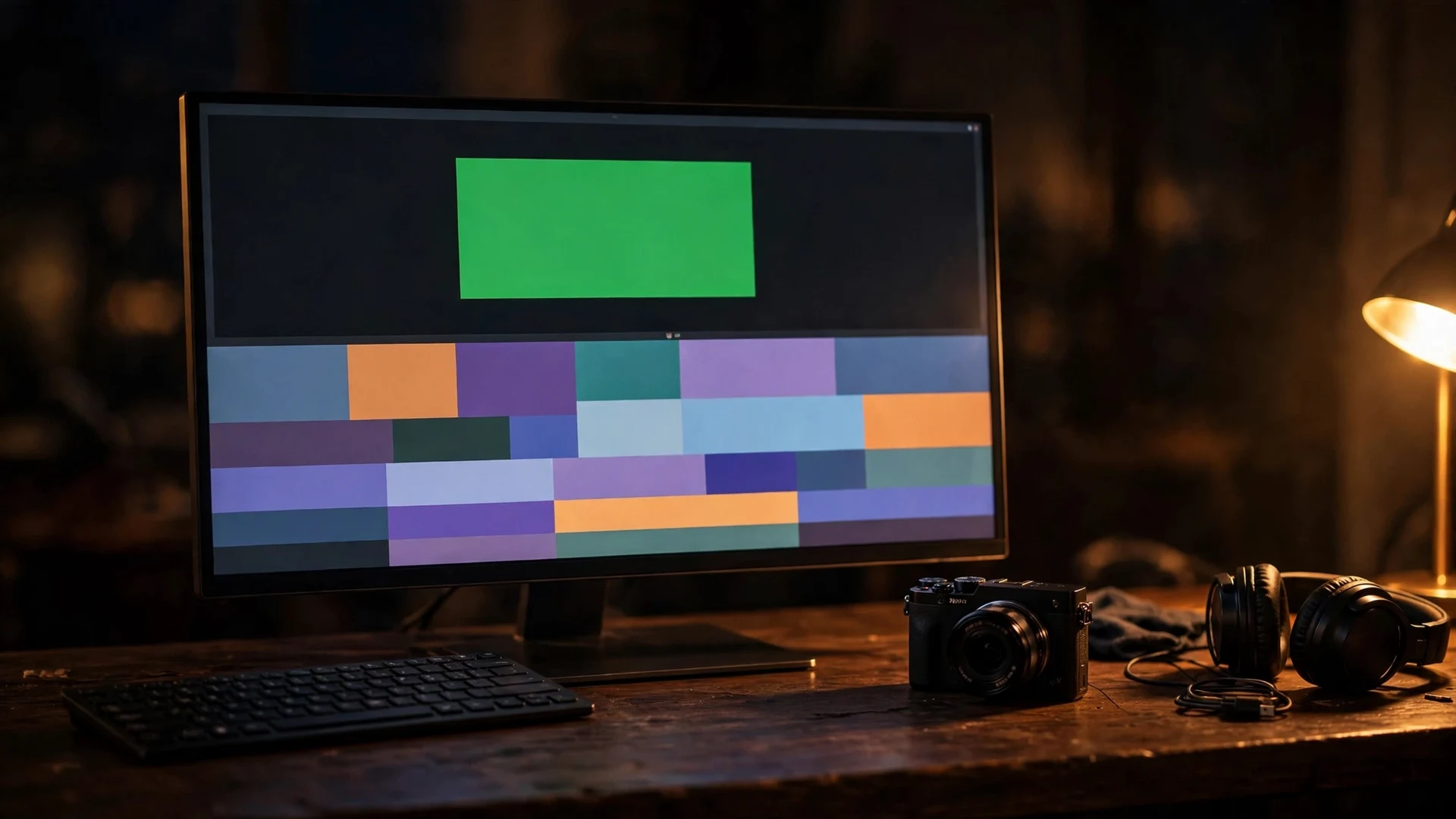 Editing desk at night with a monitor showing a video timeline of colored blocks and a green preview frame, a camera and headphones beside the keyboard