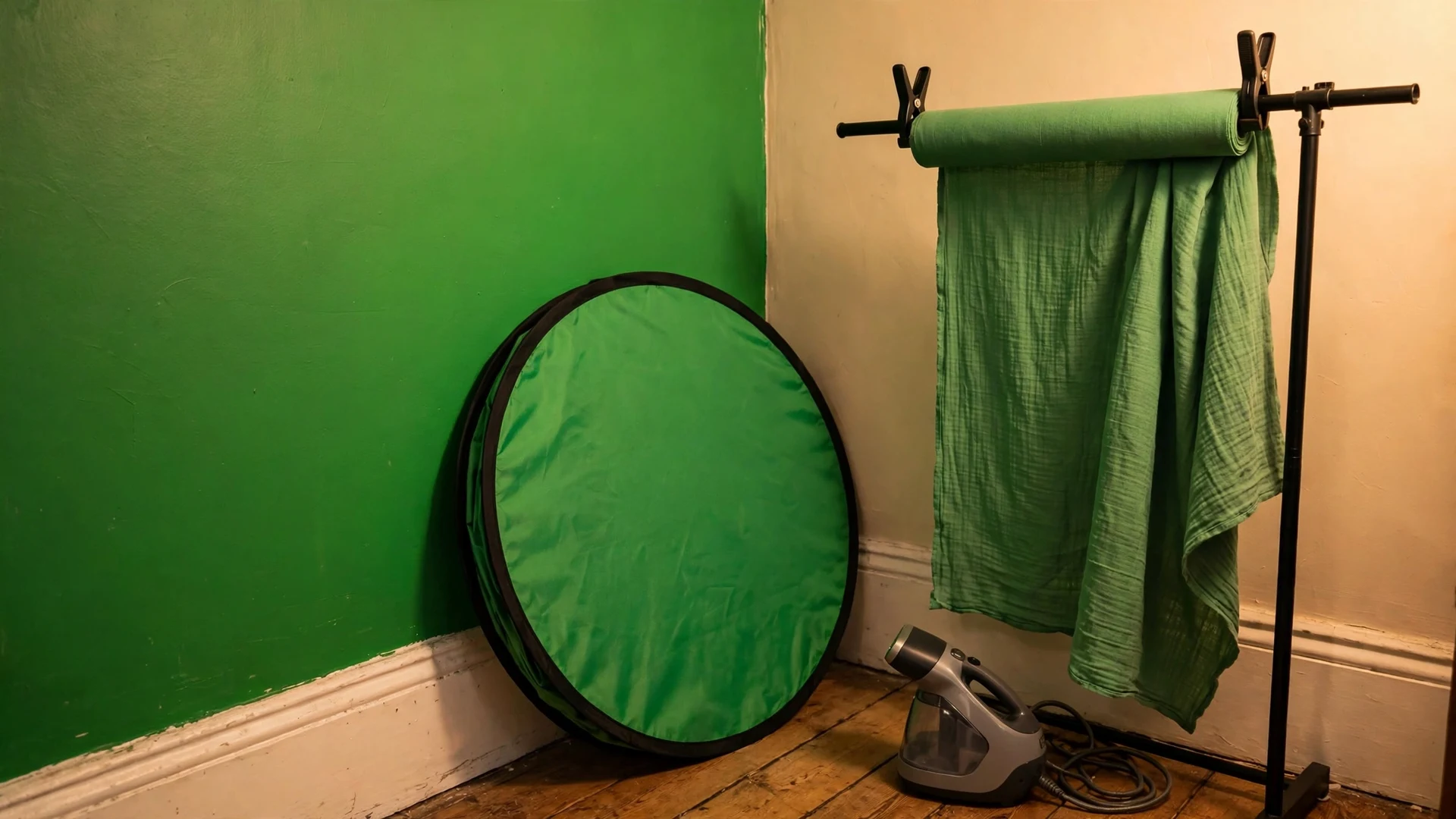 Room corner with a wall painted matte chroma green, a round collapsible green screen leaning against it, green muslin fabric clamped to a stand and a garment steamer on the floor