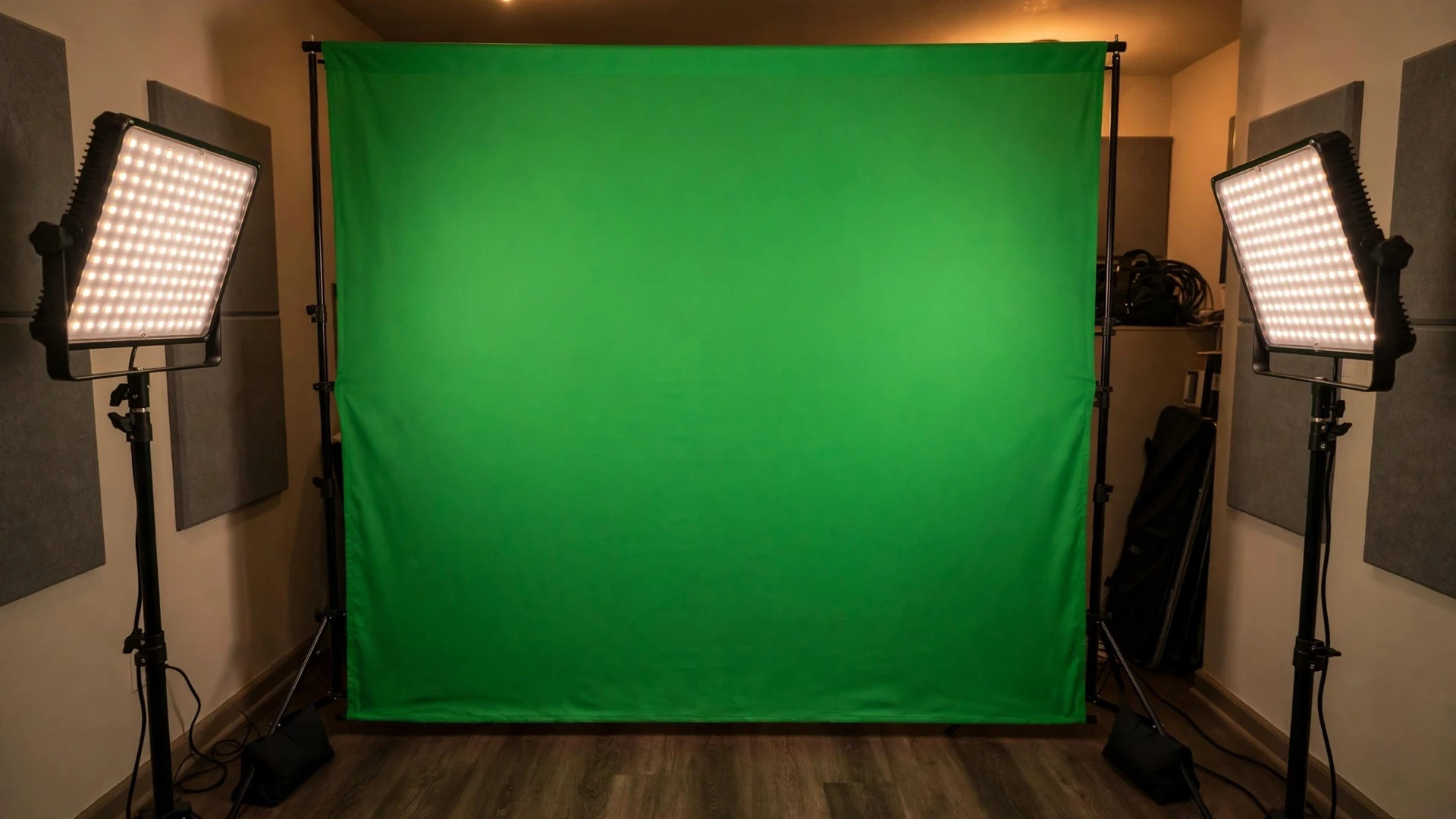 Green fabric backdrop on a stand lit evenly by two LED panel lights angled in from the left and right