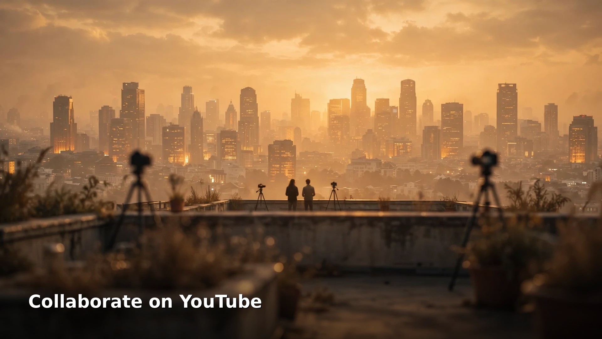 How to Collaborate with Other Creators on YouTube in 2026 4 Two creators seen from behind at a distance on a rooftop at golden hour, with cameras on tripods facing a warm city skyline, and the short title Collaborate on YouTube in white text at the bottom left