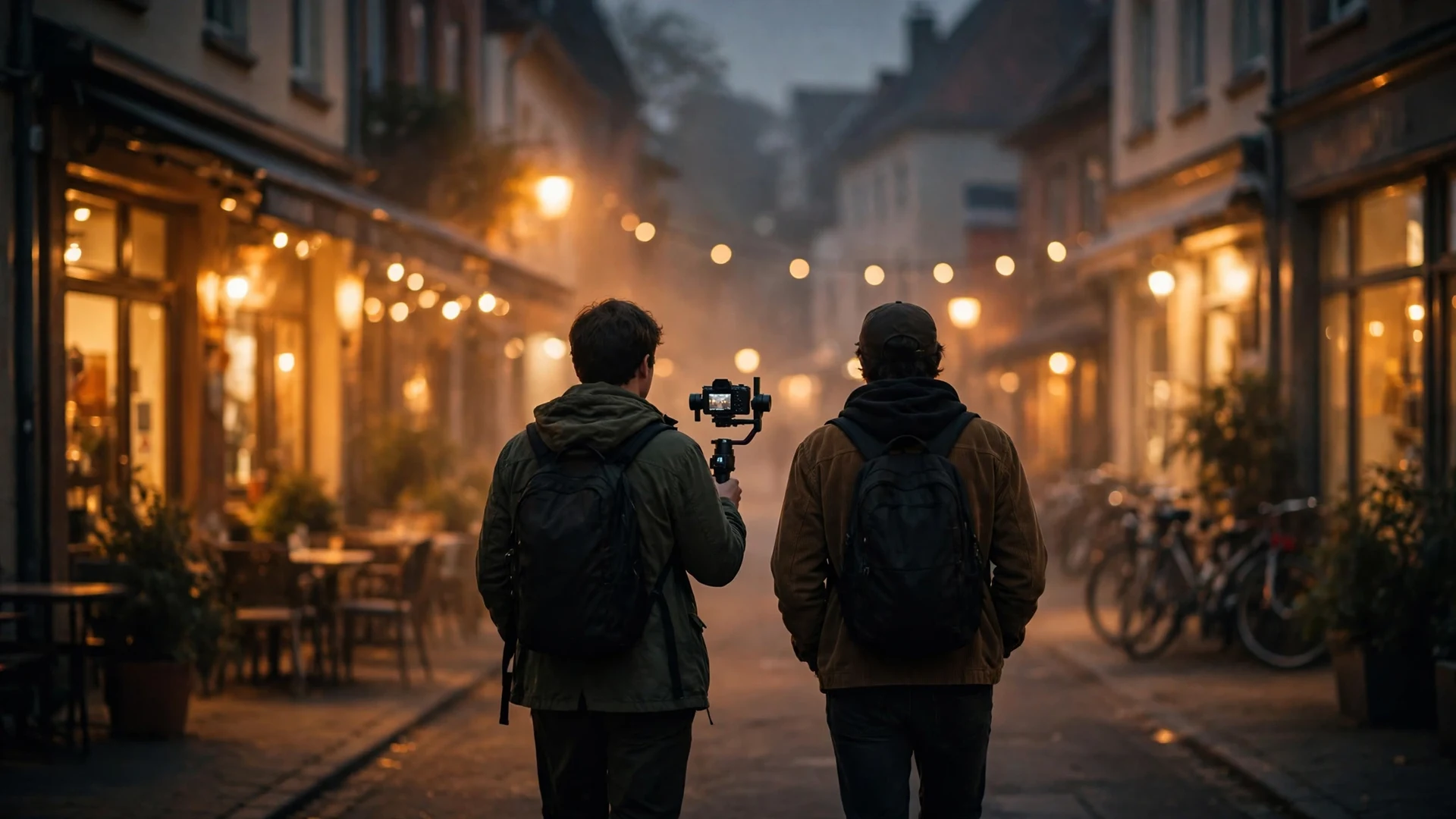 How to Collaborate with Other Creators on YouTube in 2026 6 Two creators seen from behind walking down a warmly lit street at dusk, one holding a camera on a handheld gimbal