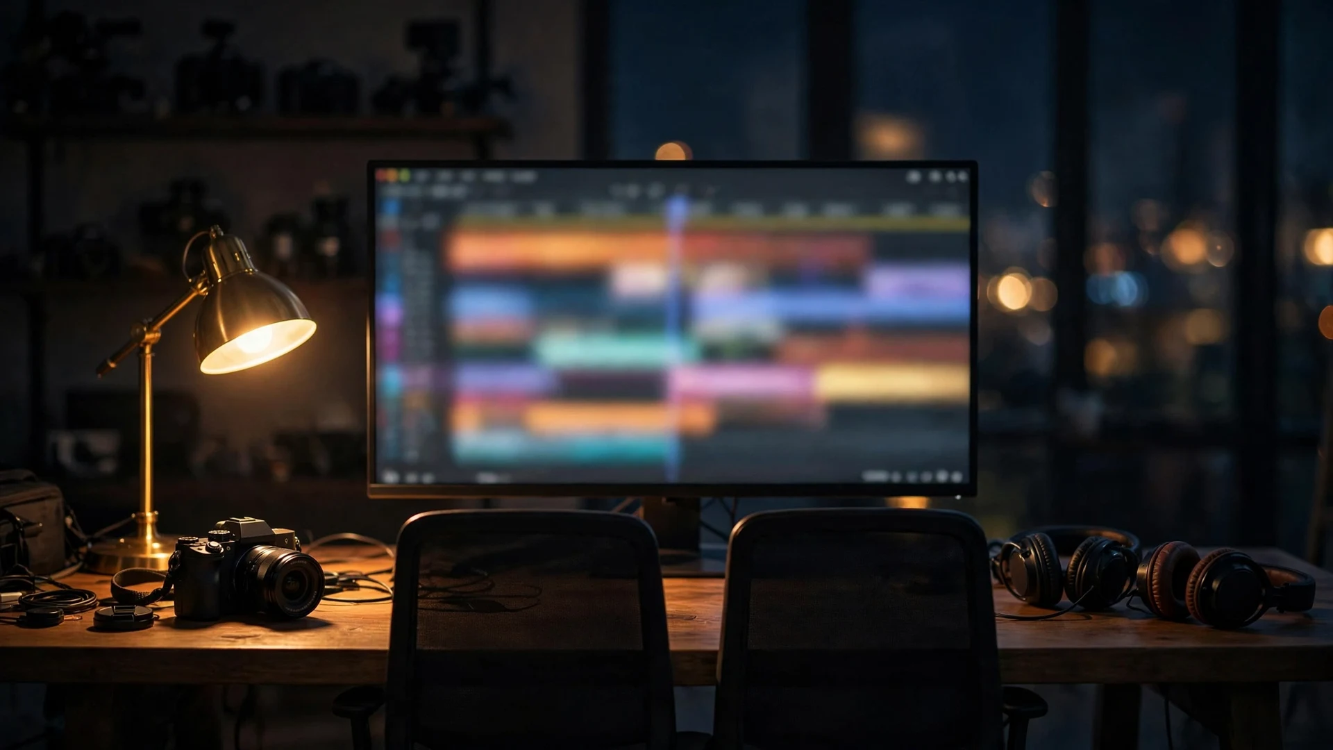 How to Collaborate with Other Creators on YouTube in 2026 7 Editing desk at night with a monitor showing a blurred video timeline, two chairs, two pairs of headphones and a camera under warm lamp light