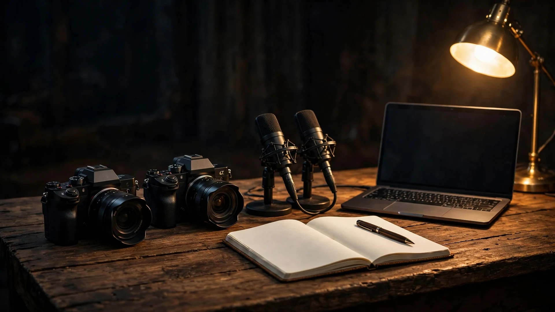 How to Collaborate with Other Creators on YouTube in 2026 5 Two mirrorless cameras and two microphones on a wooden desk beside an open blank notebook and a laptop under a warm desk lamp