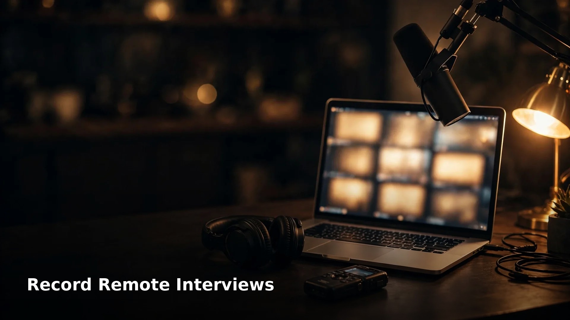 Home studio desk at night with a laptop showing a blurred video call grid, a microphone on a boom arm, headphones and a portable audio recorder under warm lamp light, with the title Record Remote Interviews in white text at the bottom left.