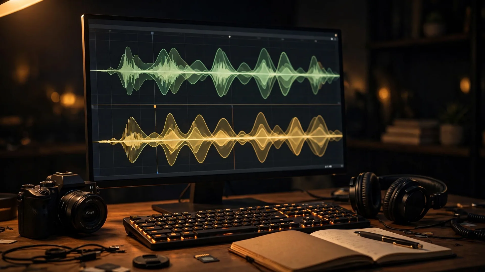 Editing desk at night with a monitor showing two stacked audio waveforms in green and gold, a camera, headphones and a backlit keyboard