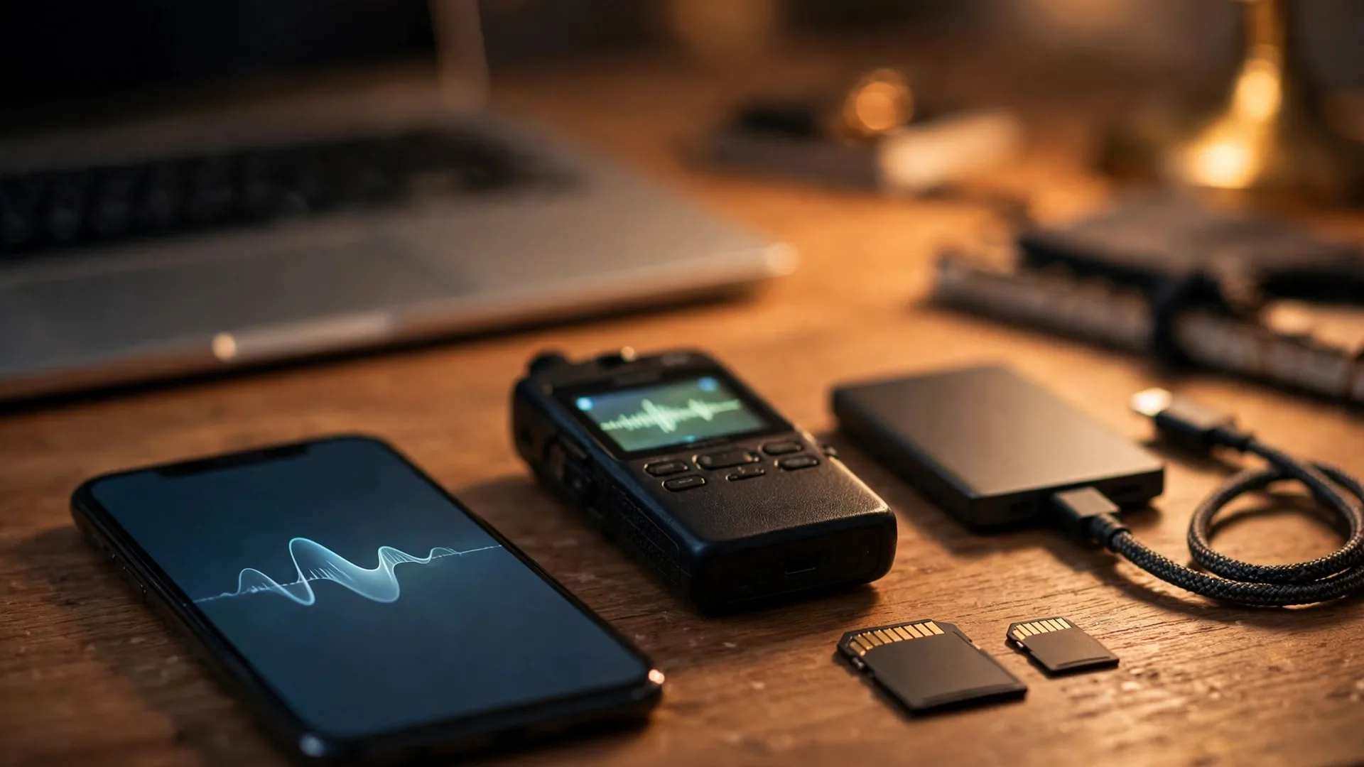 Smartphone showing a voice recorder waveform beside a portable audio recorder, an external SSD drive with a braided cable and two memory cards on a wooden desk in warm lamp light