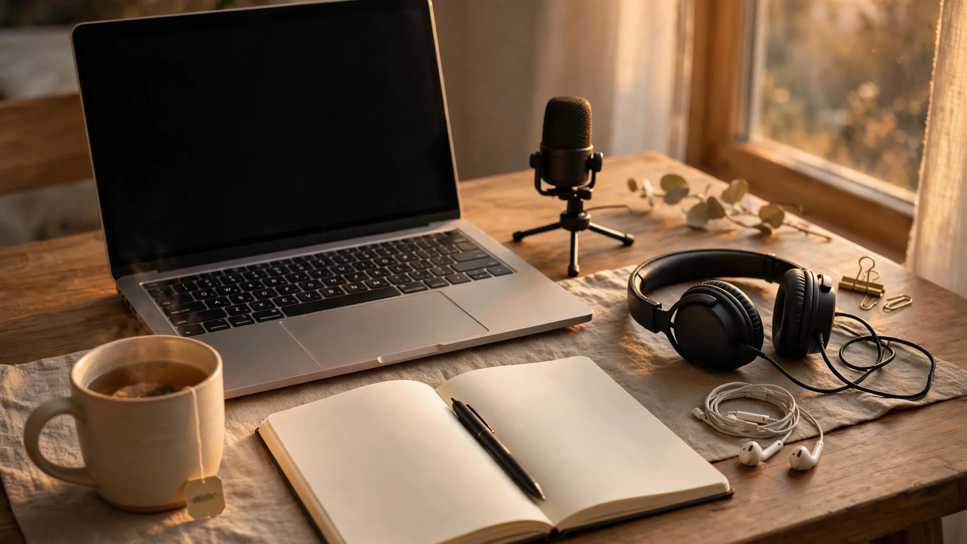 Guest preparation desk in warm window light with a laptop, a USB microphone on a small stand, headphones, wired earbuds, an open notebook with a pen and a mug of tea