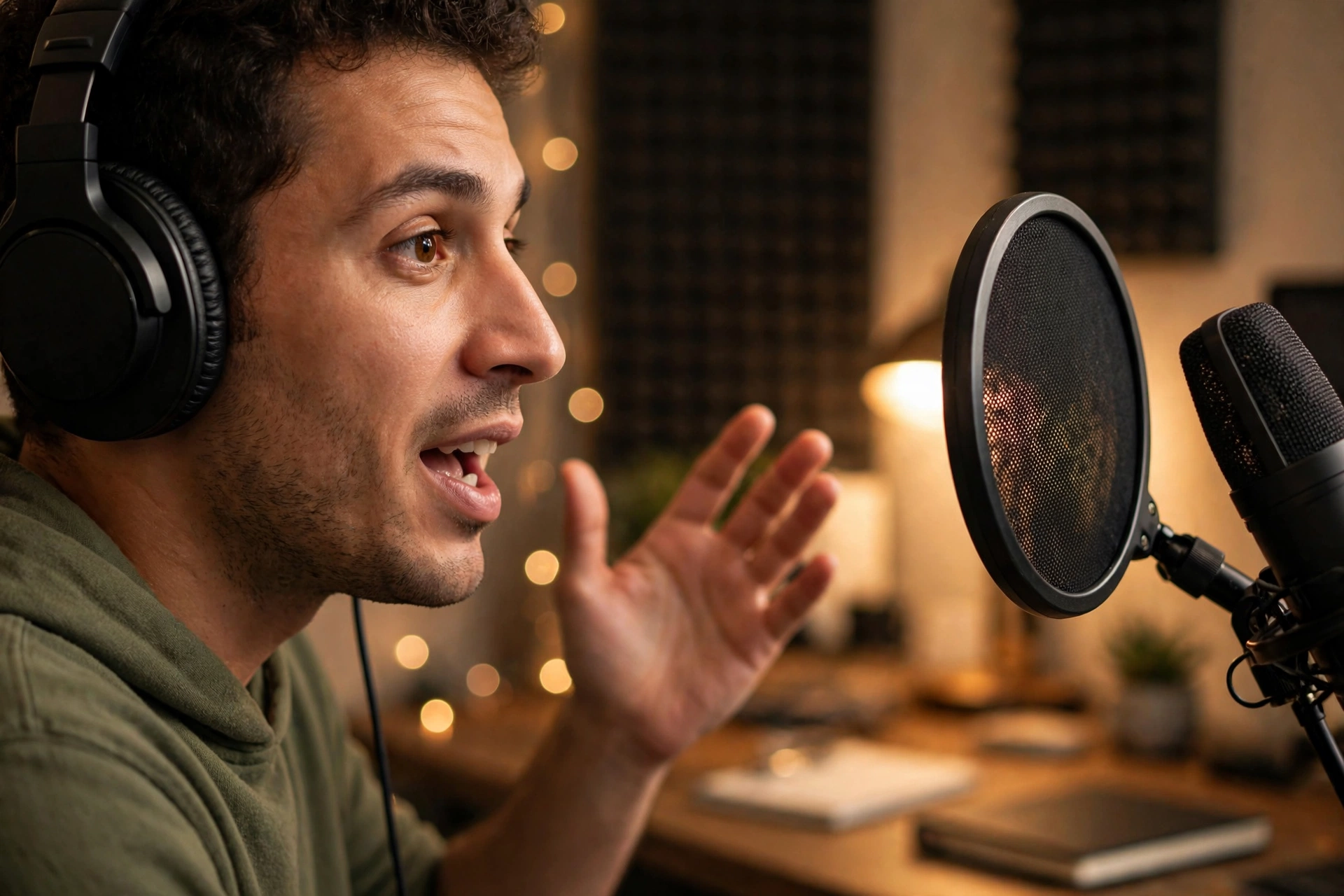 How to Record Voiceovers for Vlogs 6 Close side view of a creator speaking into a microphone with a pop filter while gesturing with one hand during a voiceover take